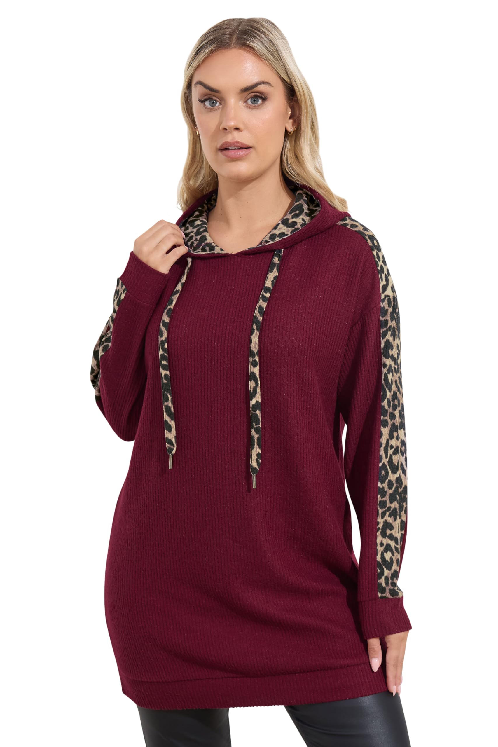 Yours Women's Burgundy Curve Red Leopard Print Trim Hoodie - Plus Size Curve