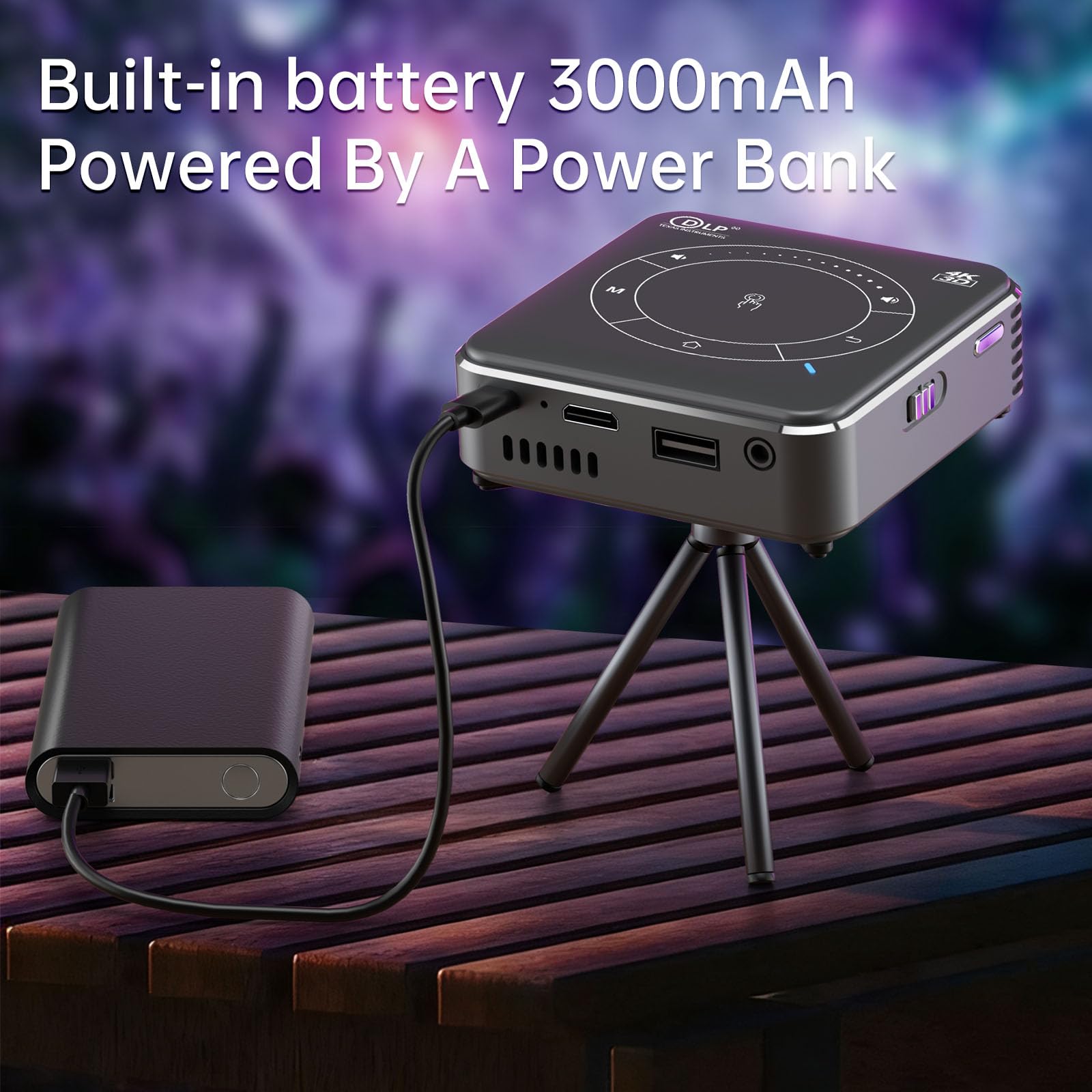 Mini Vidéoprojecteur DLP Pico Projecteur avec Batterie, 1080P, WiFi 6, Bluetooth 5.0, Portable avec Trépied