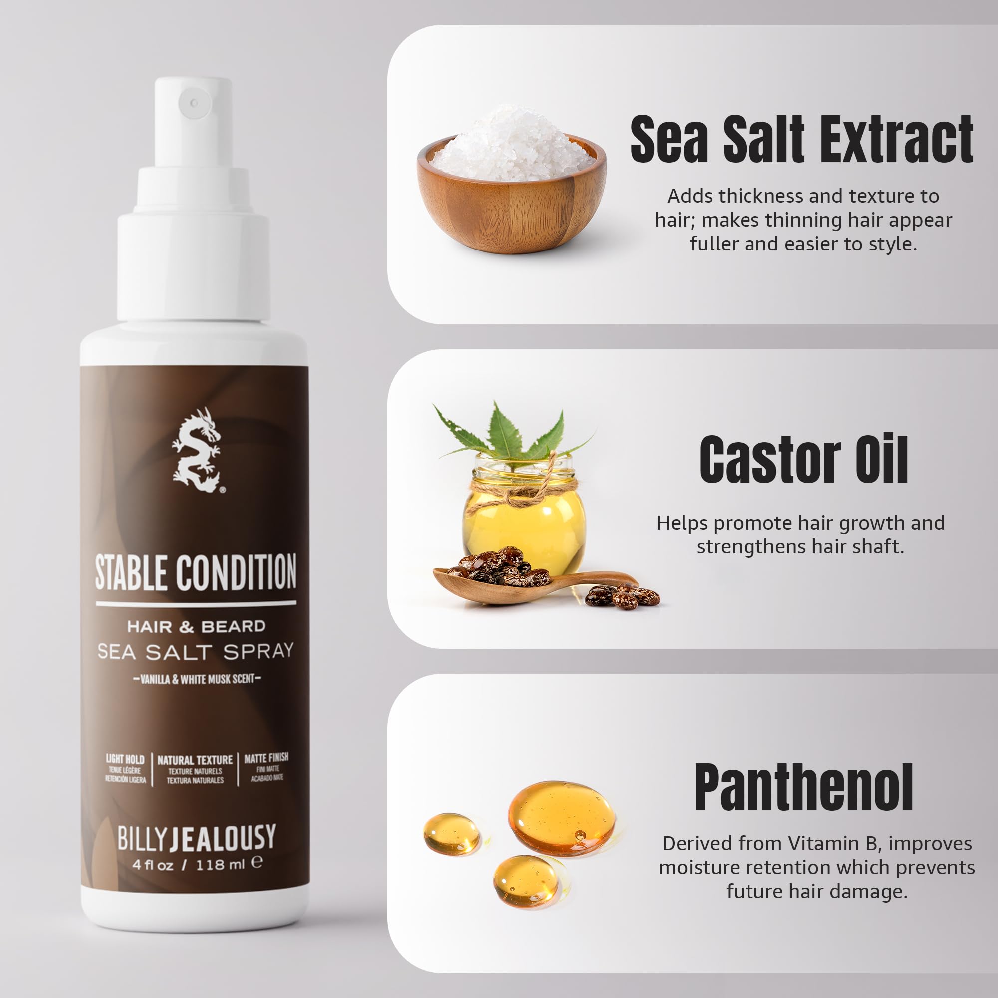 Billy Jealousy Sea Salt Spray, Texturizing and Volumizing Hair Spray for All Hair Types and Beard Lengths