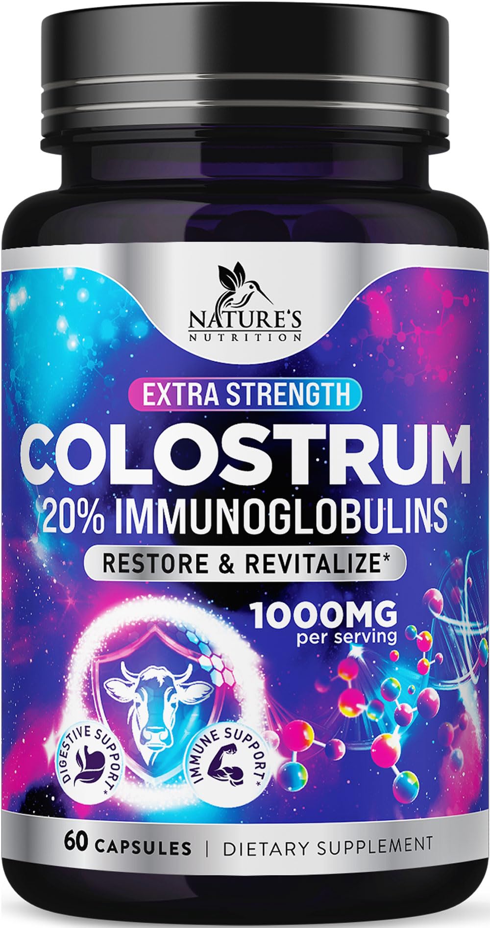 Colostrum Supplement 1000mg - Max Strength 20% Immunoglobulins for Gut Digestive & Immune Support - Natural Bovine Powder for Muscle, Skin & Hair Support - Unflavored & Bottled in USA - 60 Capsules 60 Count (Pack of 1)