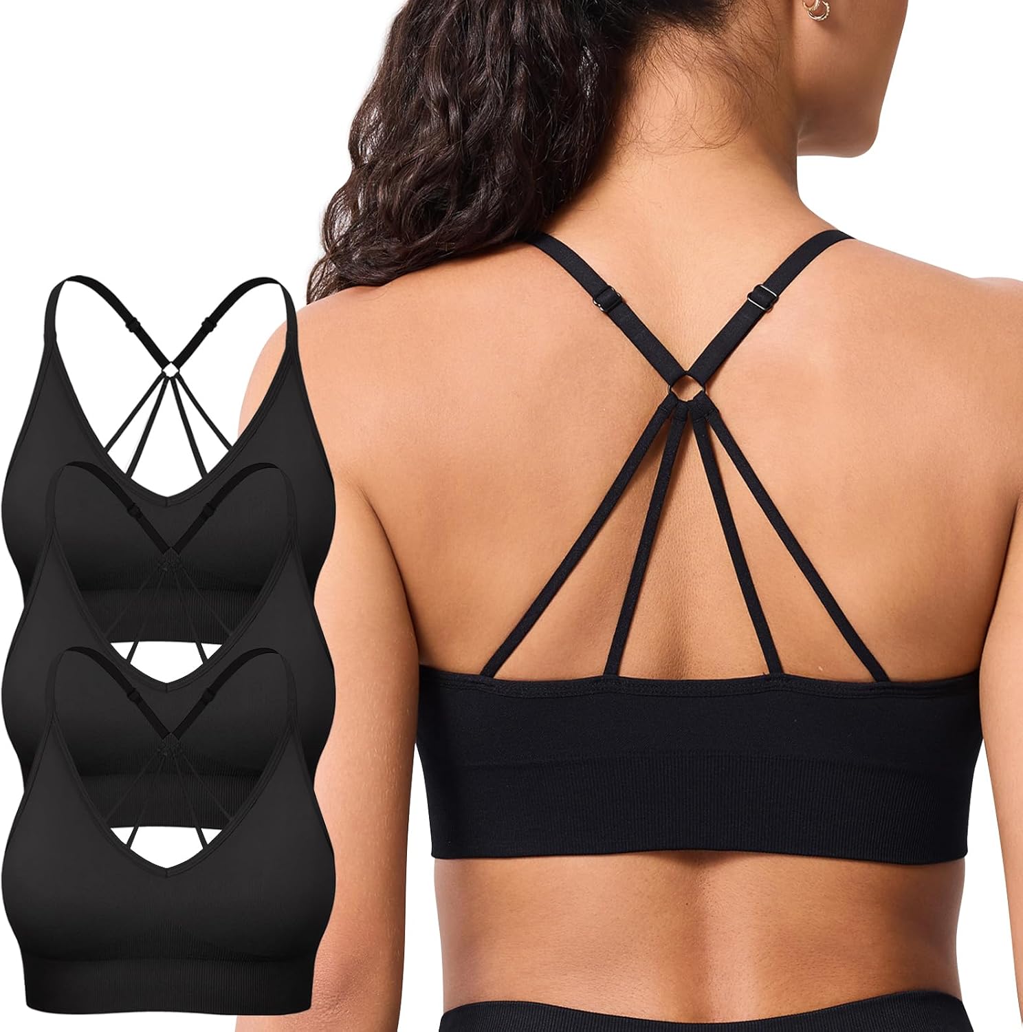 Strappy V Neck Sport Bra for Women, Multipack Padded Seamless Wireless Supportive Racerback Criss Cross Workout Yoga Bra Pack