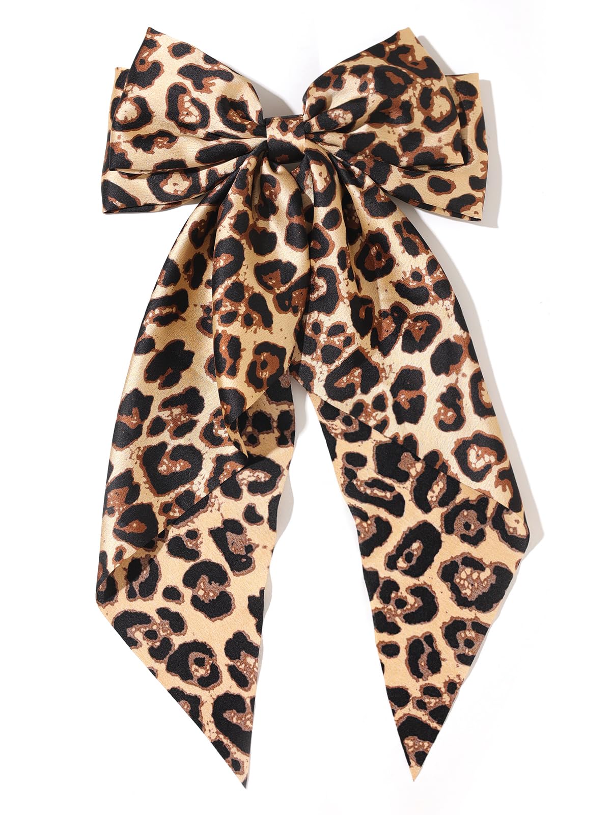 Furling Pompoms Hair Bows for Women Big Bow Hair Clips with Long Tail Hair Ribbon Satin Leopard Hair Bow Barrette for Women and Girls Ponytail Hair
