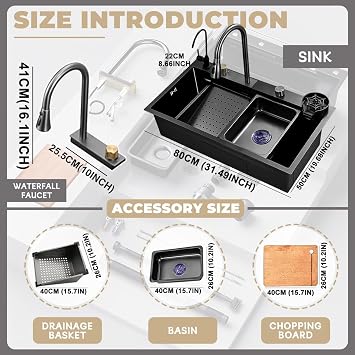 80 x 50 cm Waterfall Kitchen Sink 1 Basin Black Multifunctional Stainless Steel Bar Sink with Extendable Taps Chopping Board Siphon Overflow and Drain Set Complete Accessories Countertop Sink