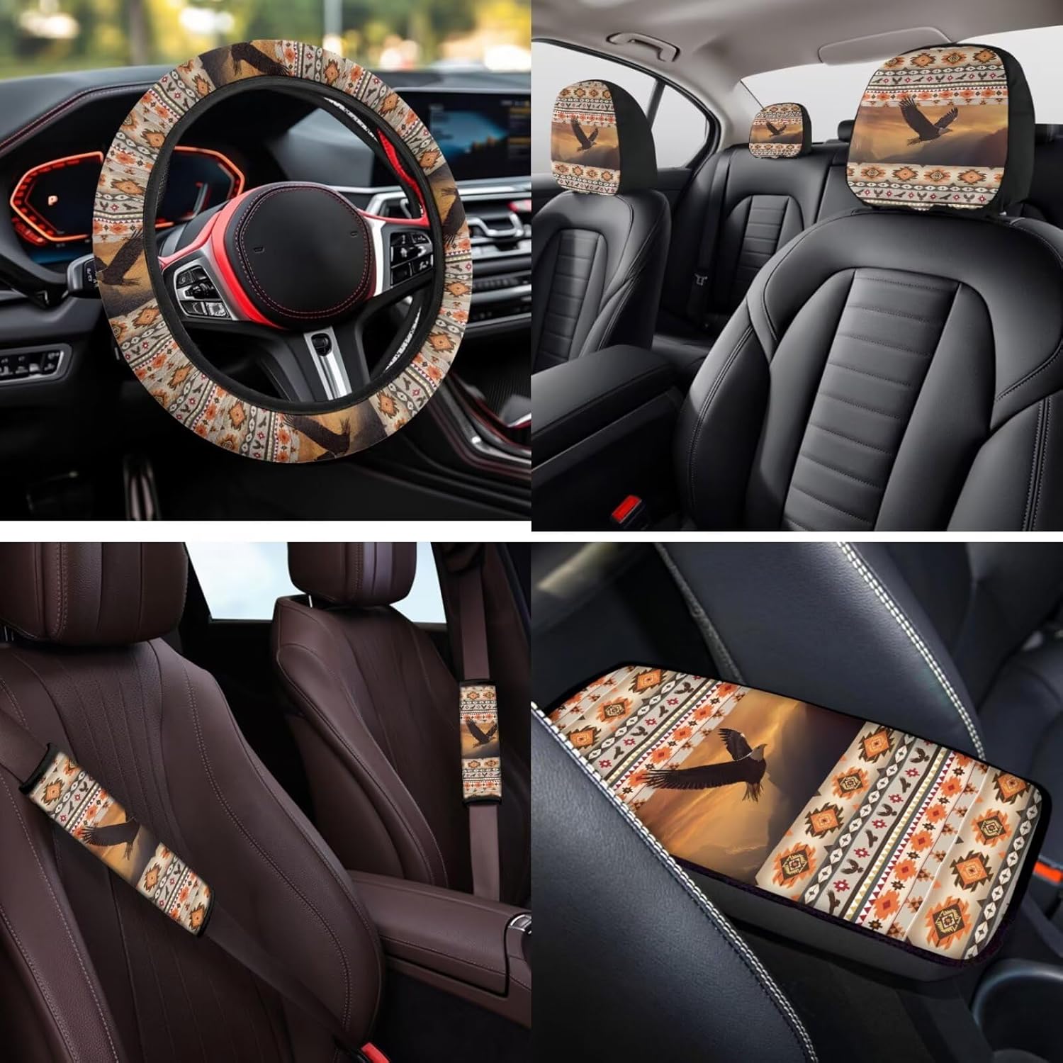 ELEQIN Southwest Aztec Eagle 14 Pcs Interior Set Front Rear Seat Covers for Cars Steering Wheel Seat Belt Headrest Coasters Center Console Cushion Pad Key Chain Decorative Universal Fit Most Auto