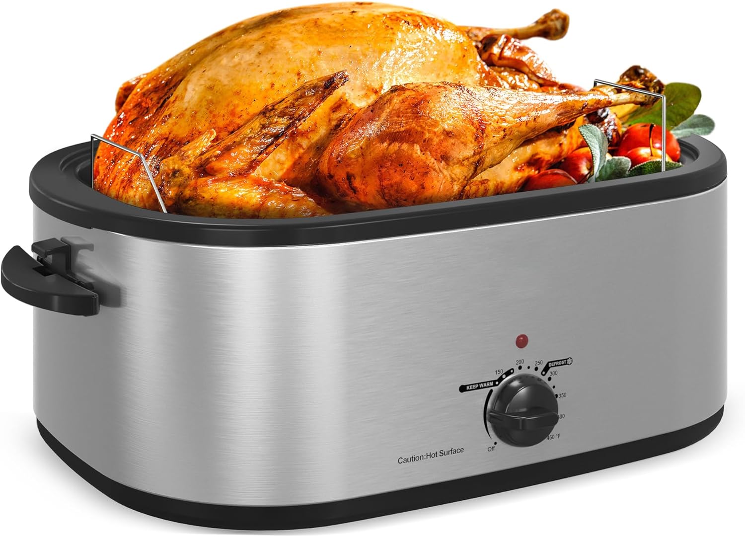 Roaster Oven 28 Quart, Electric Roaster Pan with Visible & Self-Basting Lid, Large Stainless Steel Electric Turkey Roaster Oven Defrost Warm Function, Removable Pan Rack, Fits Turkeys Up to 28LB 28QT Silver