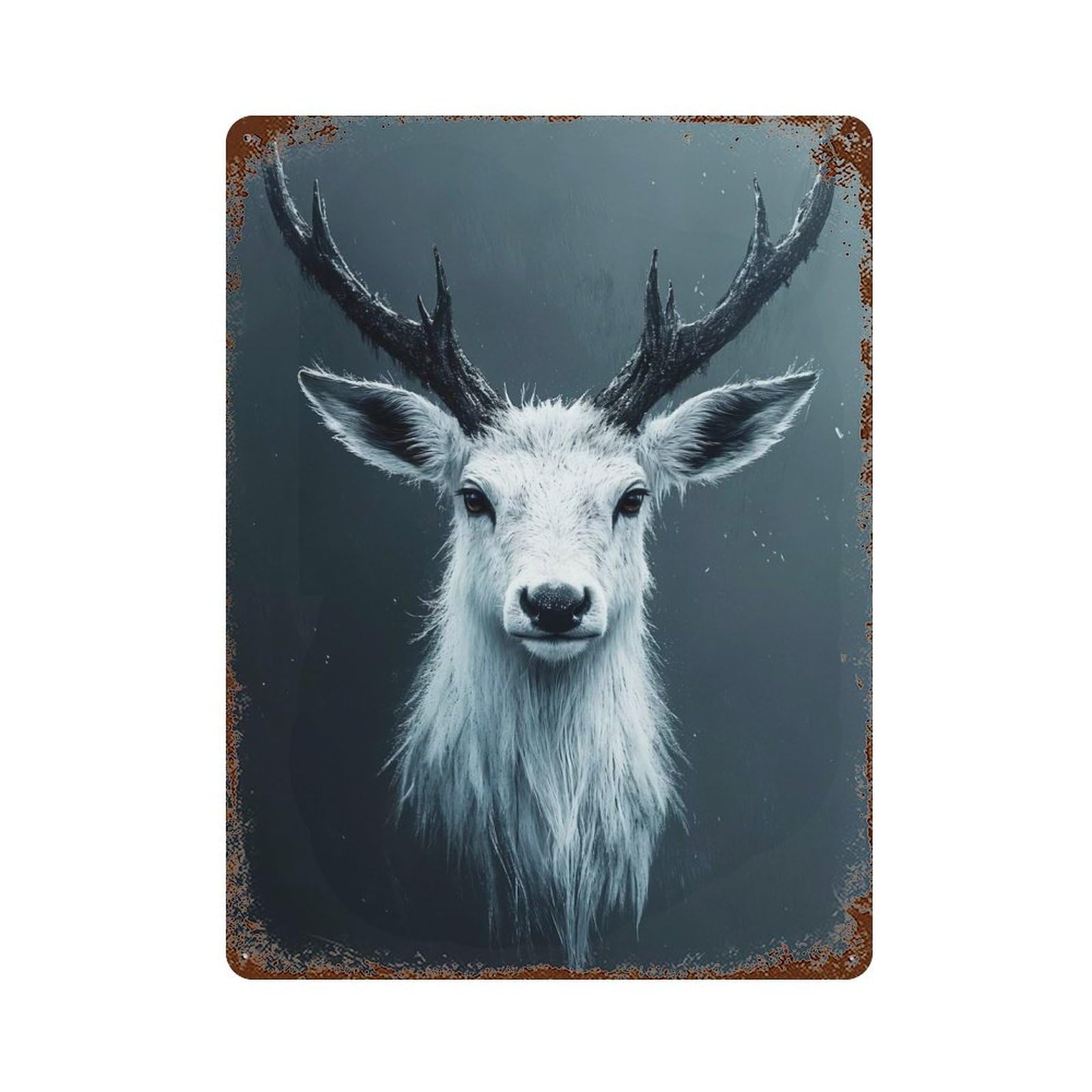 White Deer Portrait with Dark Antlers Retro Metal Sign 15.7"x11.8", Decorative Metal Wall Art for Garage, Bar And Workshop Decor