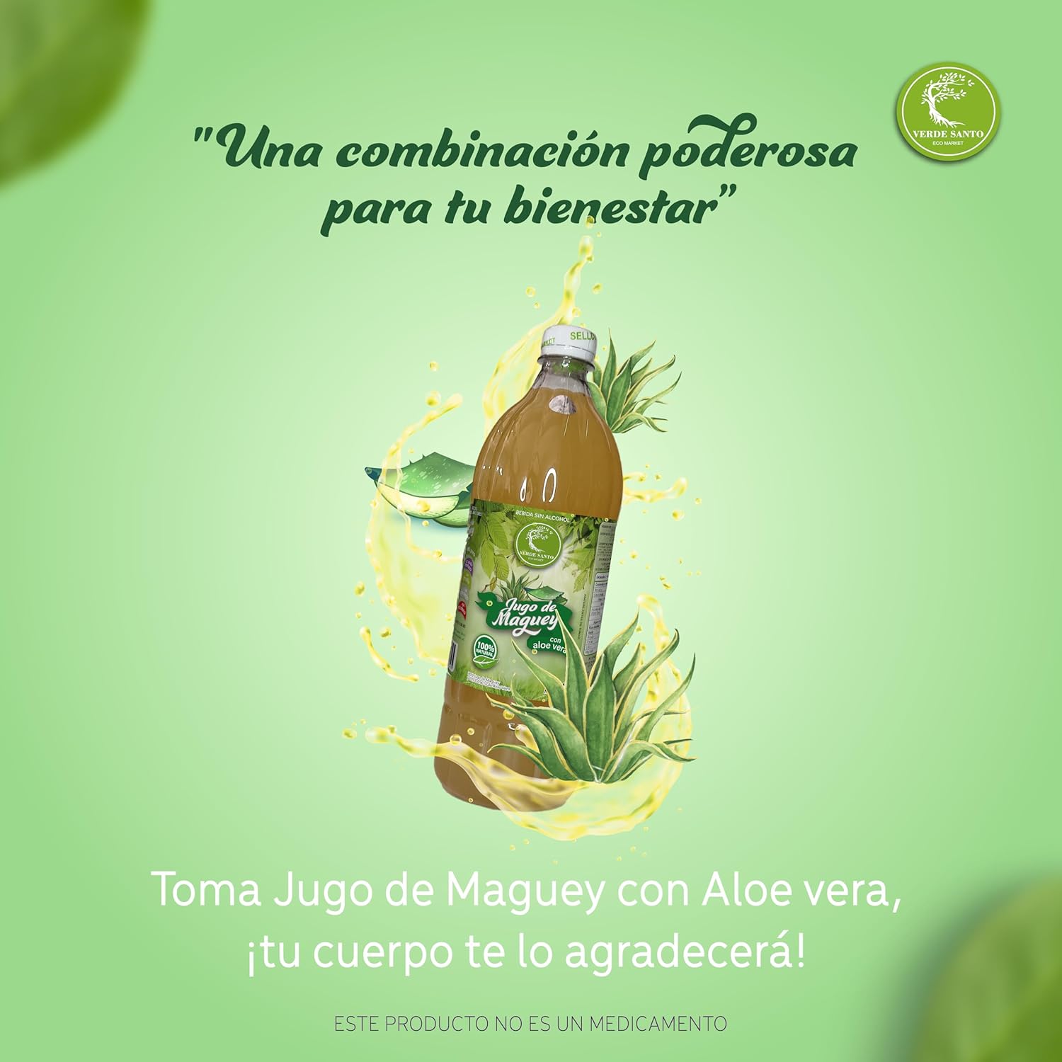 Maguey Juice with Aloe Vera 100% Natural Verde Santo | 1 Liter Bottle | Functional Plant-Based Drink | No Sugar | No Alcohol | Product of Mexico