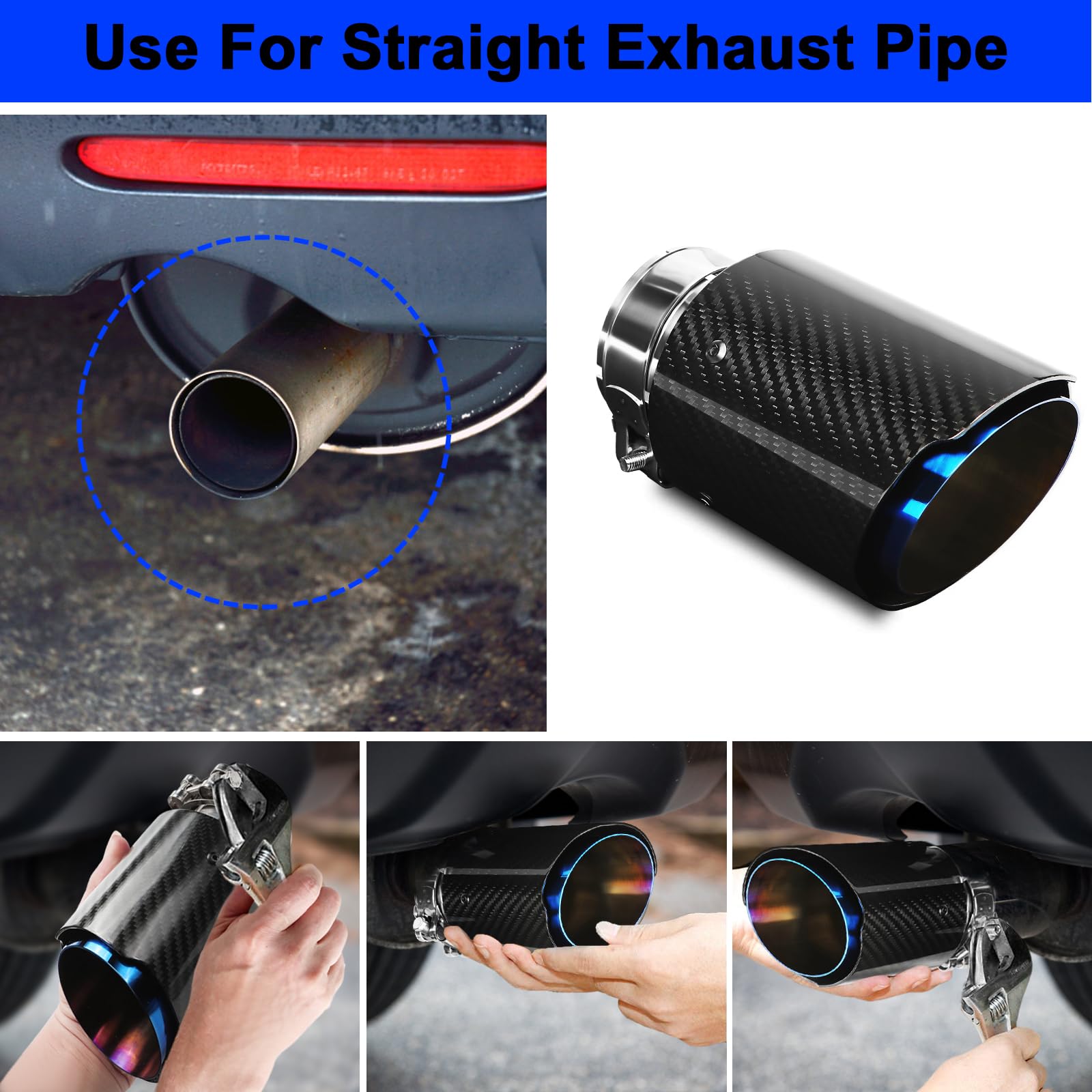 Puntas de Escape Silenciador Acero Inoxidable y fibra de Carbono Tubo del Extremo de Escape del Automóvil, Entrada 63 mm (2.5 ") Salida 89 mm (3.5") (2 unidades-Azul Brillante Tostado)