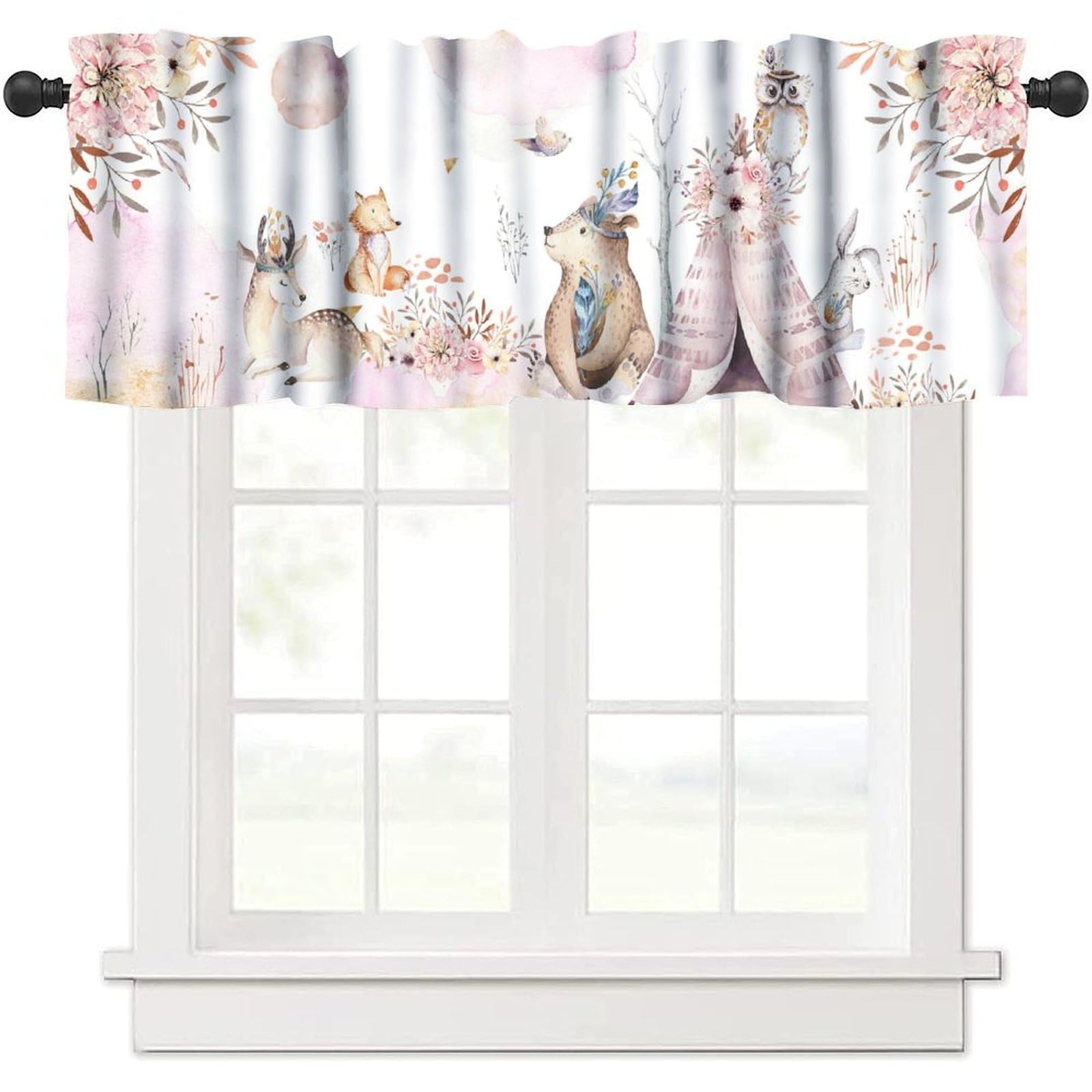moderw Woodland Curtain Valance, Pink Watercolor Forest Animal Fox Deer Wildlife Safari Jungle Bear Window Treatment Valance for Kids Girls Boys Bedroom Living Room 54x18inch