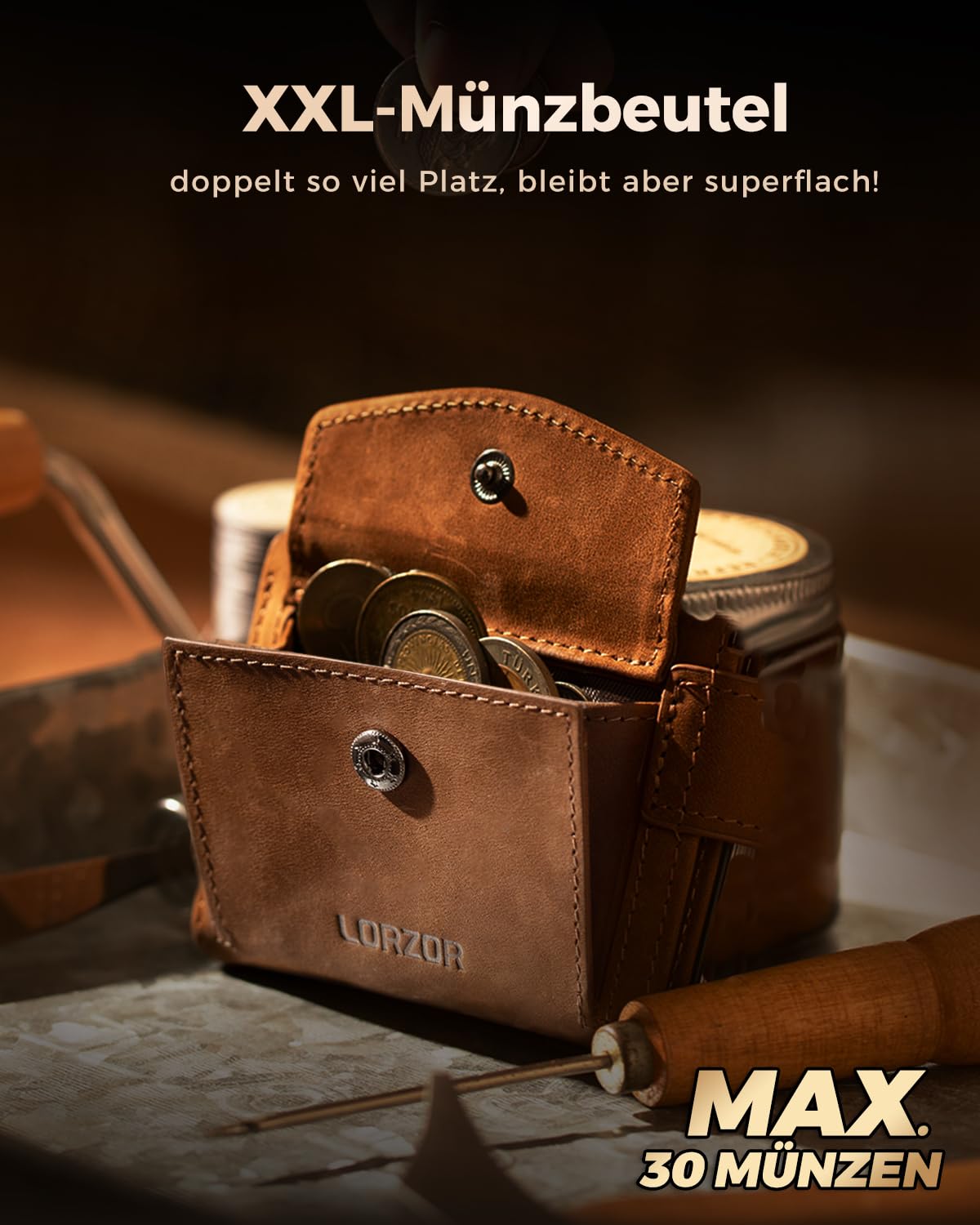 LORZOR Kartenetui mit XXL münzfach für 10+ Münzen, Slim Wallet mit Magnetischer Verschluss, Geldbörse Herren RFID Schutz, Portemonnaie Klein, Portmonee, Geldbeutel Brieftasche für 10 Karten （Braun）
