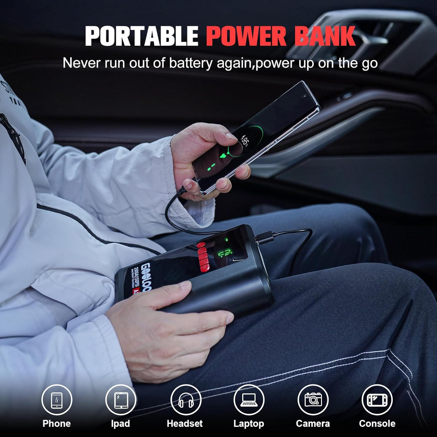 A person charging a smartphone with the GOOLOO A2.