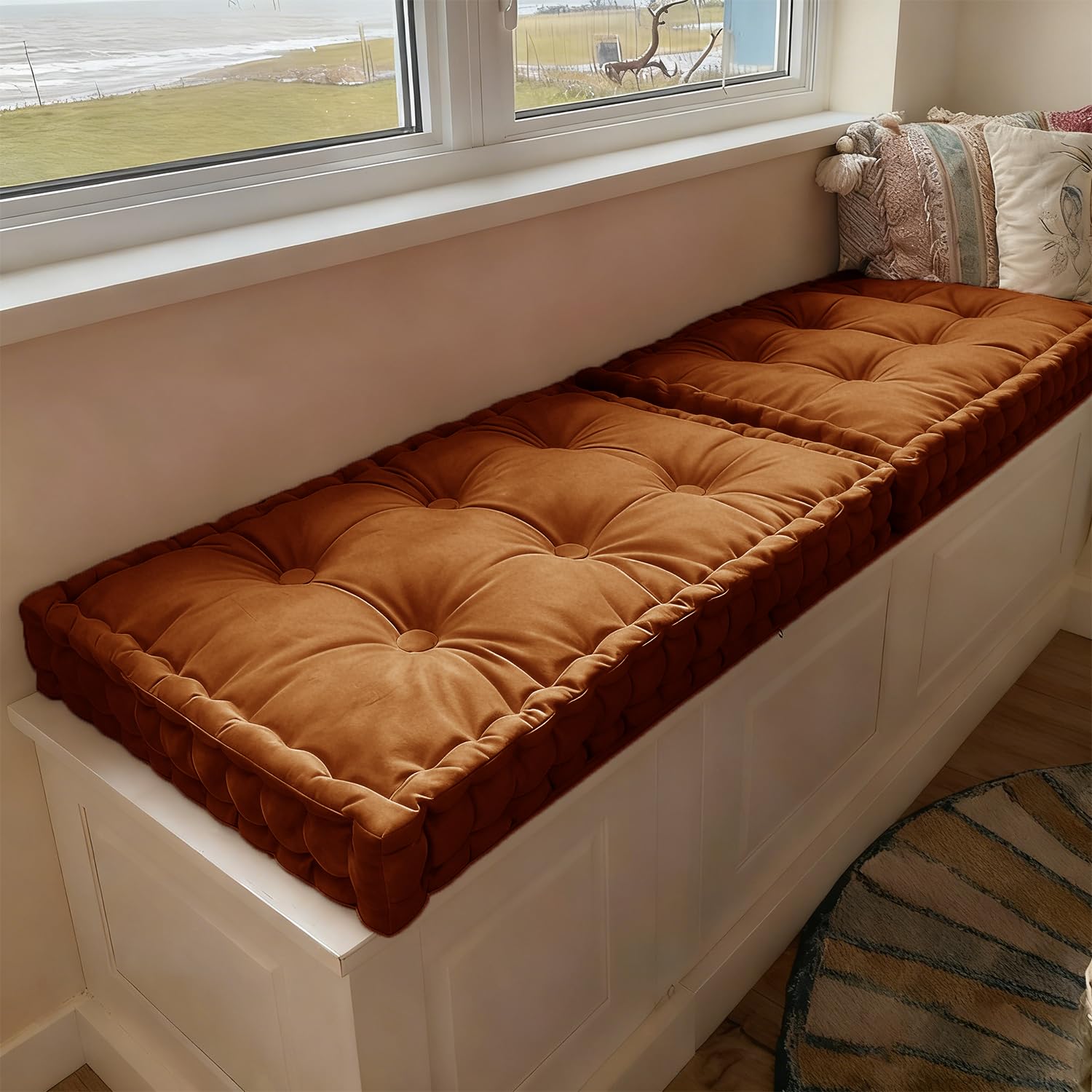 WLXFF Bench Cushion Indoor, Velvet Window Seat Cushions with Handle 10cm Thick Plush Windowsill Seat Cushion, Bay Window Cushion, Tufted Buttons Bench Seat pad for Piano, Dining Chairs,NO2,120x40cm