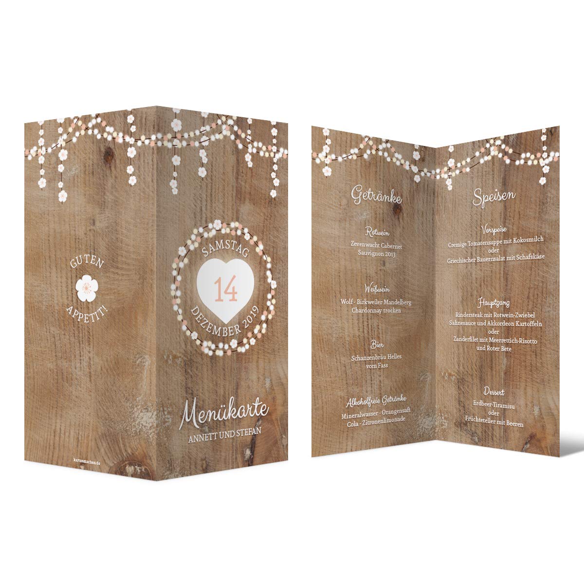 50 x Menükarten Hochzeit Menü individuell Klappkarten Speisekarten Getränkekarten - Holz Lichtgirlande