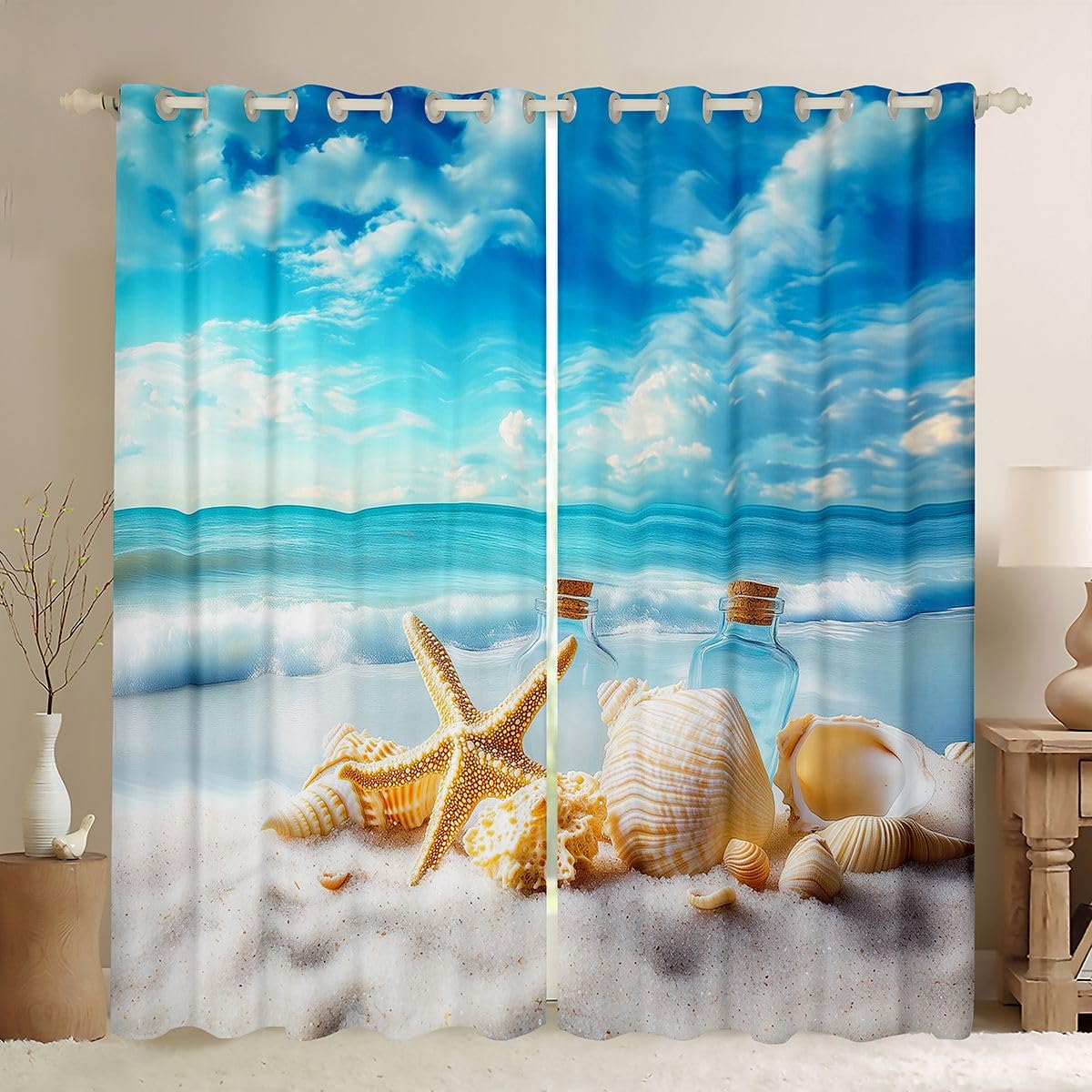 Homemissing Tende oscuranti con stelle marine, conchiglie, oceano, tende oscuranti per camera da letto, tropicali, estive, termiche, isolanti, 2 pannelli, 167,6 x 182,8 cm (larghezza x lunghezza)