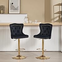 Vista 6 de Juego de 2 taburetes de bar negros y dorados, taburetes de bar de terciopelo con respaldo de ala alta, modernas sillas de bar tapizadas, taburete