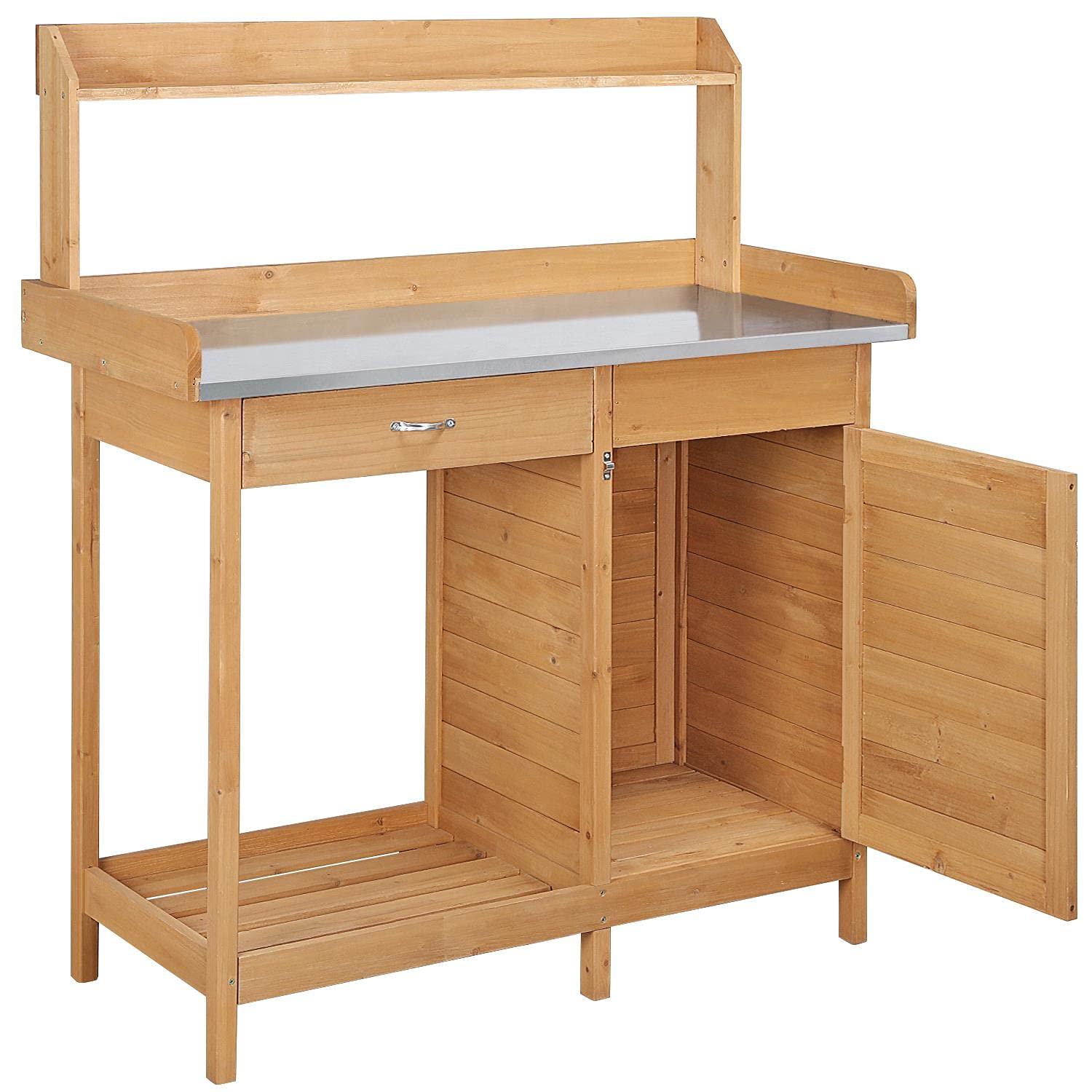Yaheetech Gärtnertisch 112 x 46,5 x 125 cm Pflanztisch mit verzinkter Arbeitsplatte Schublade Unterschrank, Garten Arbeitstisch aus Holz, Blumentisch Hellbraun