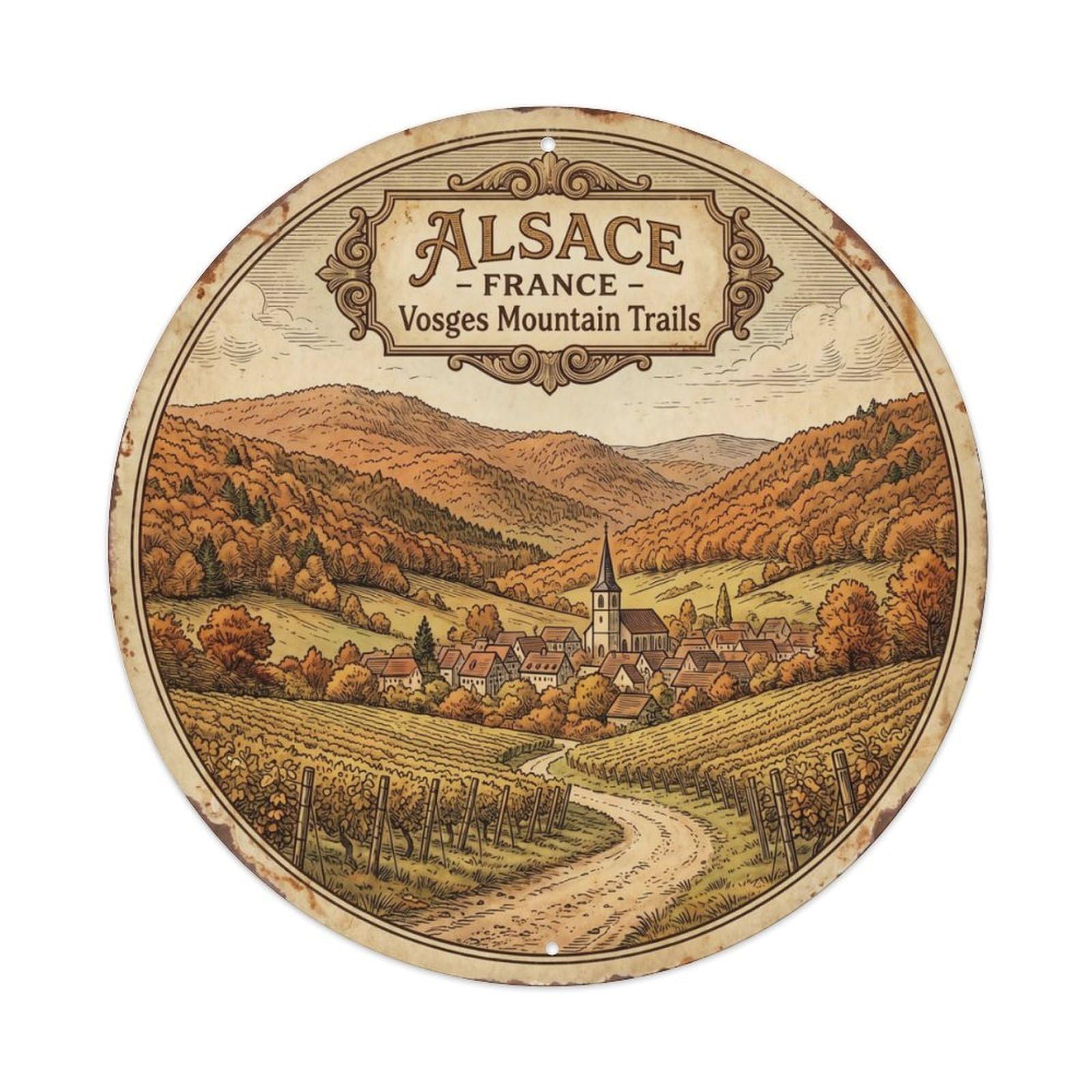 Vintage Travel Alsace France Vosges Mountains Metal Tin Sign Plaque Wall Decor for Cafe, Club Bar, Office, Home Garden Round Metal Poster 8x8Inch