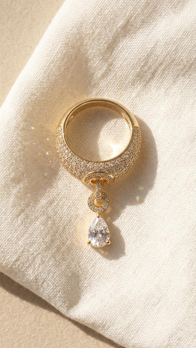 PAVOI 14K Gold Plated Dangle Wedding Ring for Women - Chunky Statement Gold Wedding Bands for Women with Cubic Zirconia - Bold Fashion Trendy Bridal Jewelry Gift