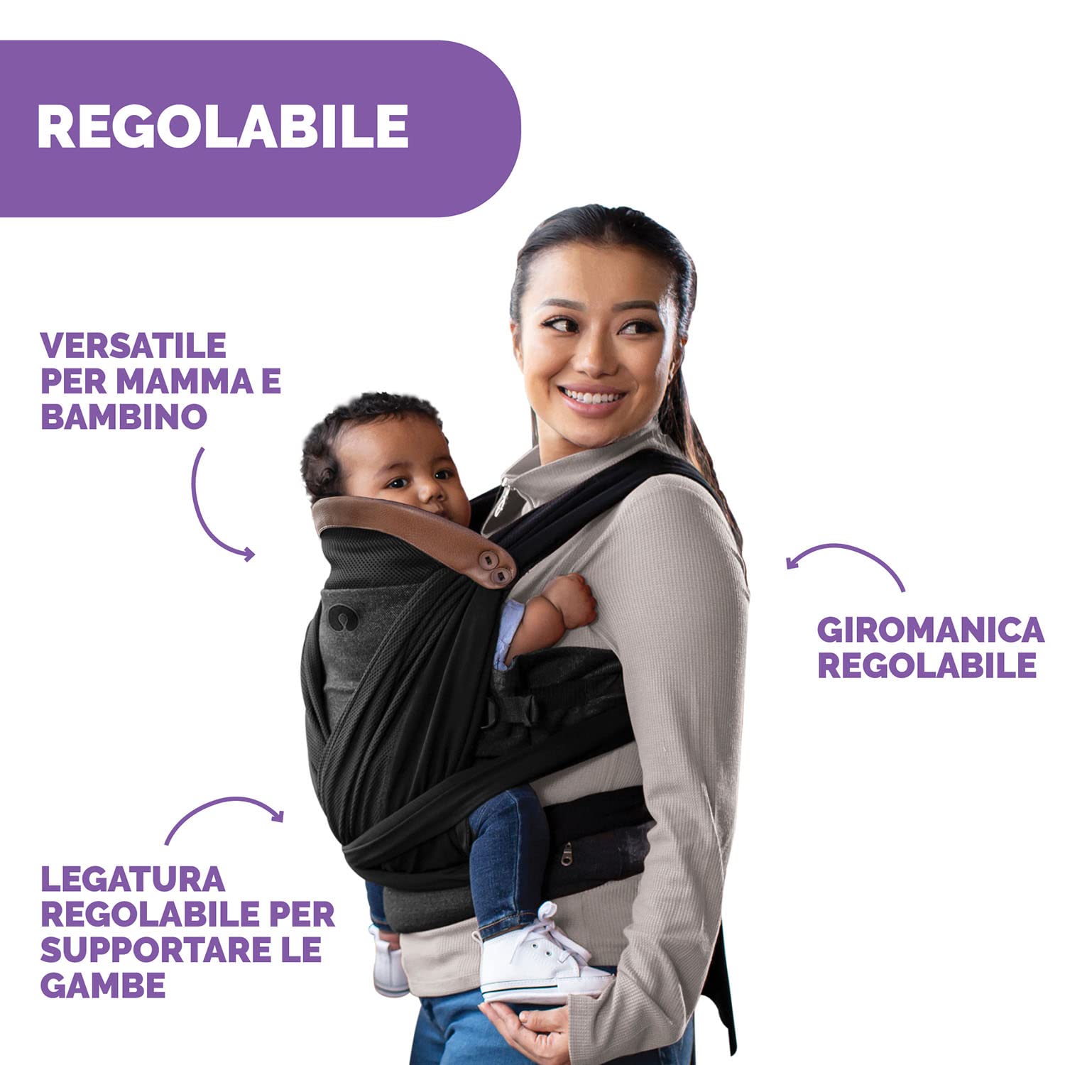 Boppy Adjust Comfyfit Portabebè 0+ Mesi da 3,5 kg a 15 kg, Semplice da Indossare e Regolabile, Portabebè Neonato Fronte Mamma Ergonomico con Supporto per Testa e Collo e Fascia Da Annodare, Nero