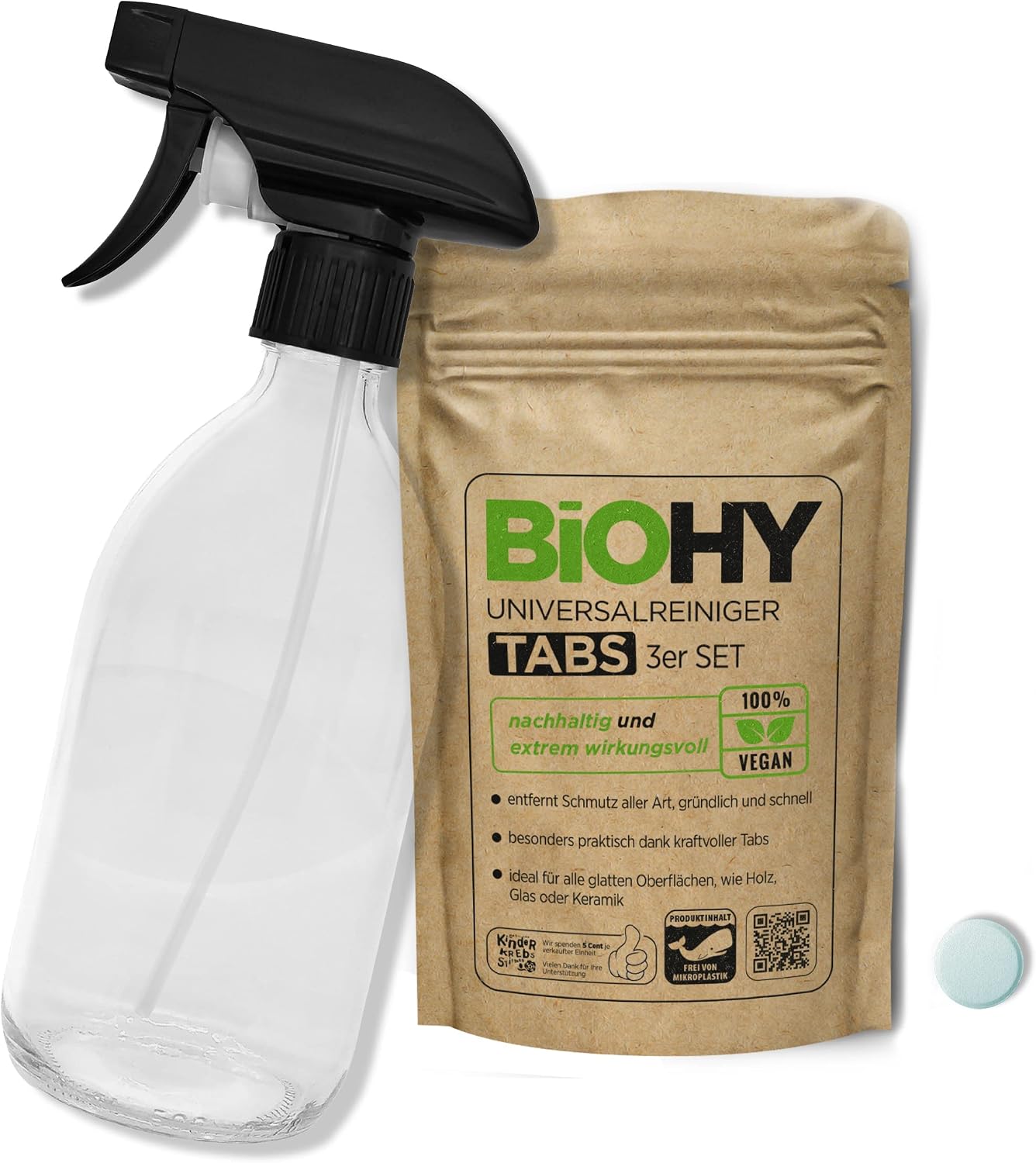 BiOHY Uniwersalny środek czyszczący (3-częściowy zestaw) + szklana butelka z rozpylaczem | zrównoważone uniwersalne tabletki do rozpuszczania | środek czyszczący do gospodarstwa domowego | nie zawiera