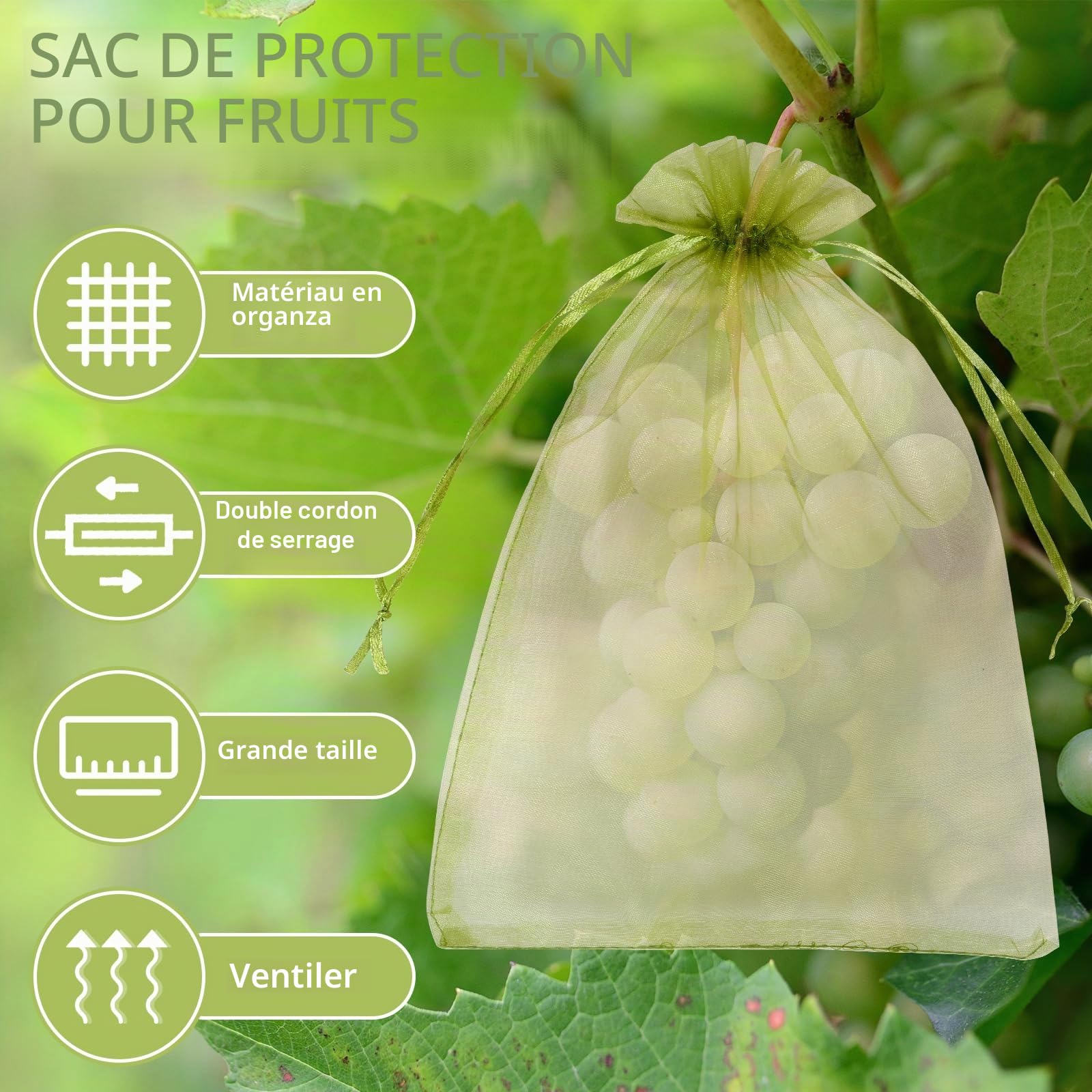 Sacs de protection pour raisins avec cordon de serrage 100 pièces - Réutilisables et respirants pour fruits (23 x 17 cm)