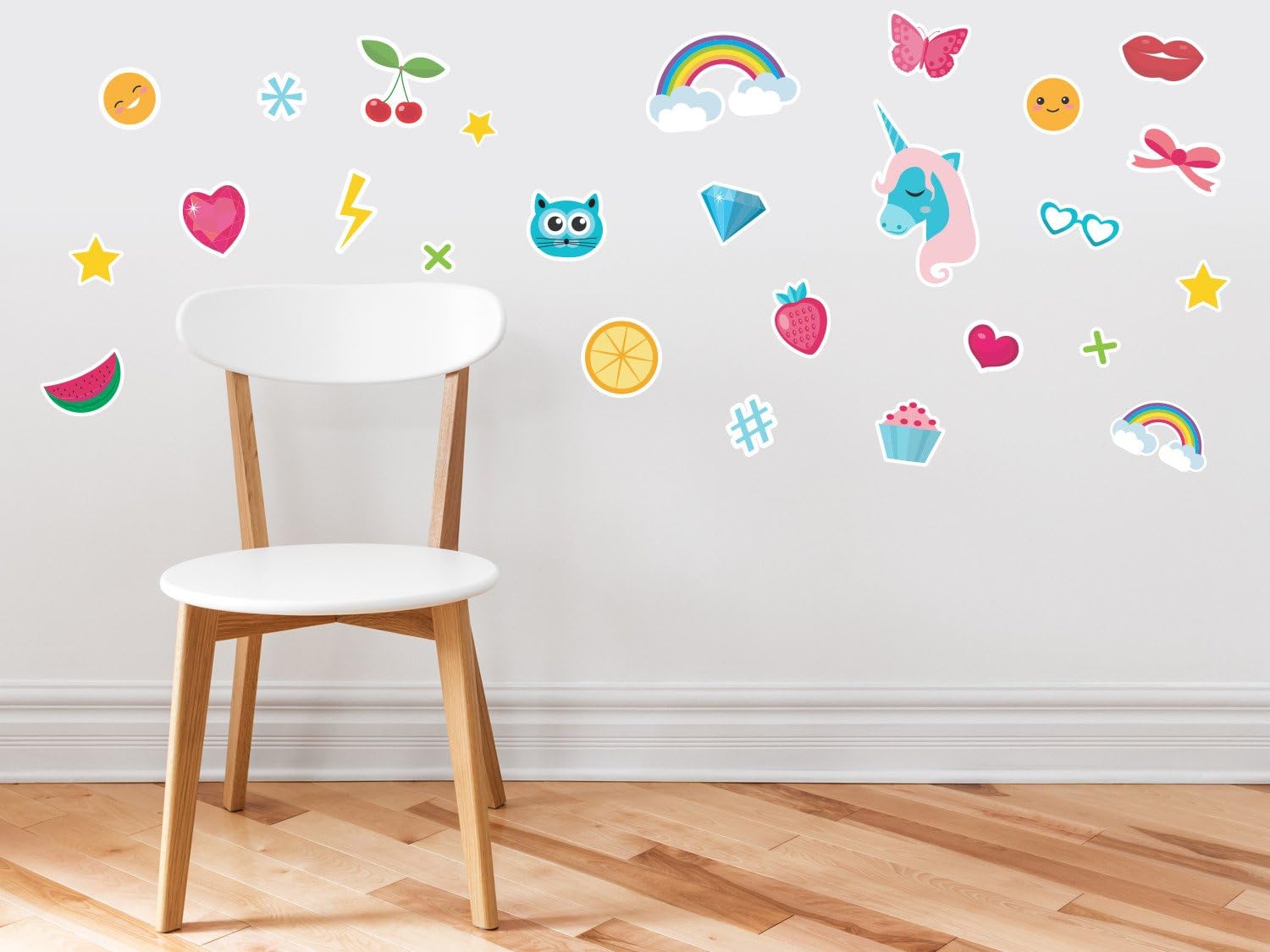 Wall Decals for Girls - Set of 27 Emoji Emoticon Fabric Wall Décor with Rainbows, Unicorn, Hearts, Butterfly, Hashtag, Stars, Cupcake, and More