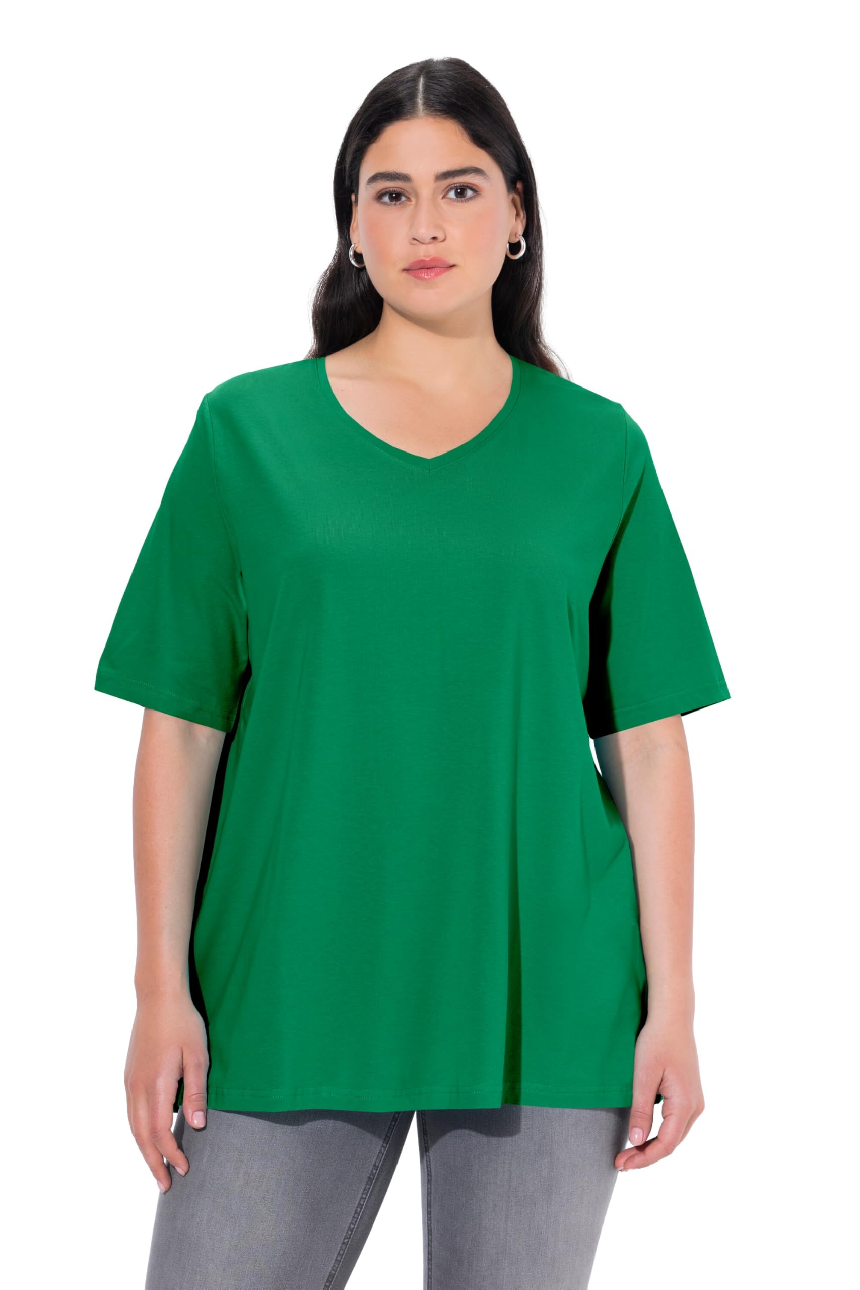 Ulla Popken Women's Emerald Green Basic Shirt, V-Ausschnitt, Relaxed, Halbarm Shirt, Smaragdgrün, Regular