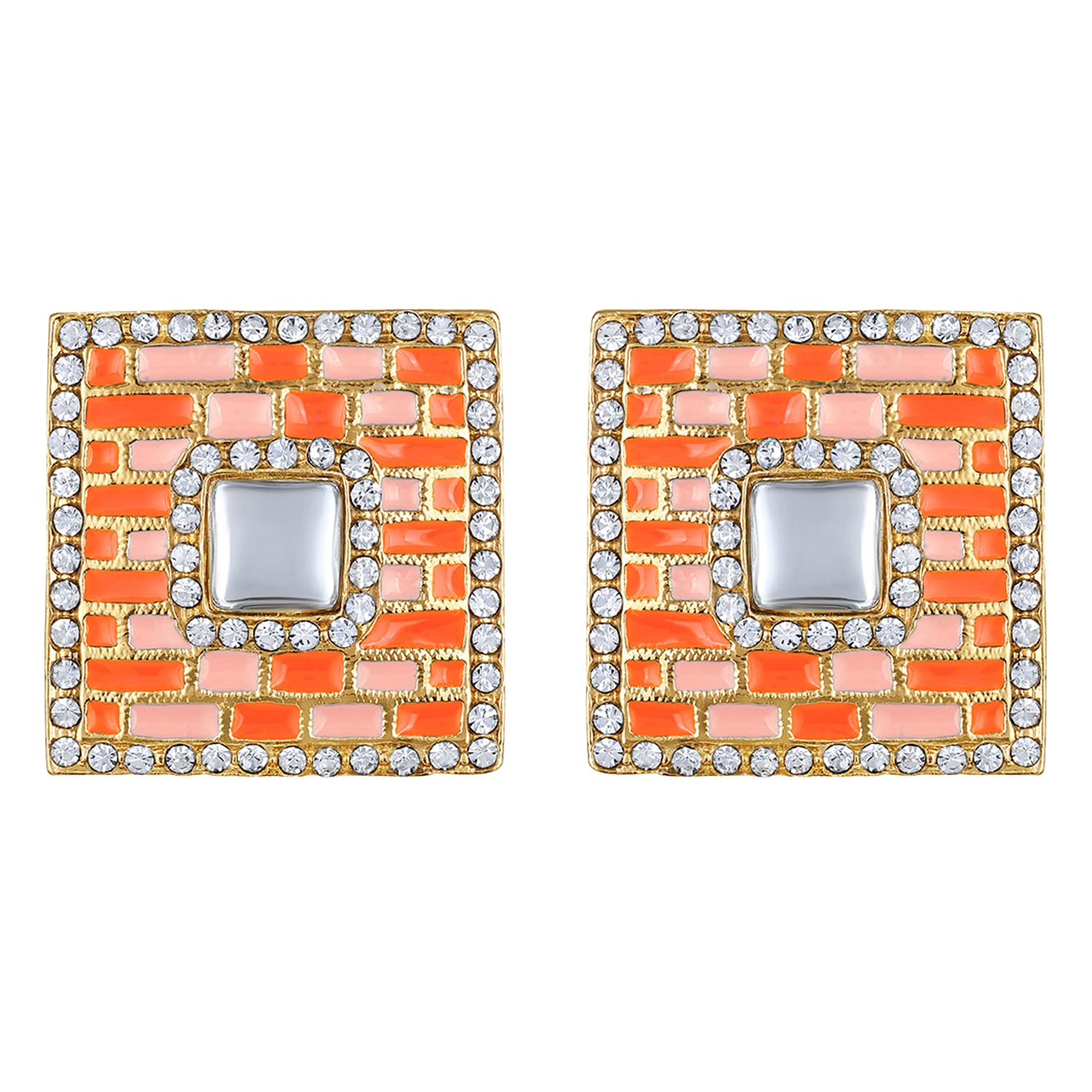 Crystal Dangler Earrings with Orange and Pink Enamel