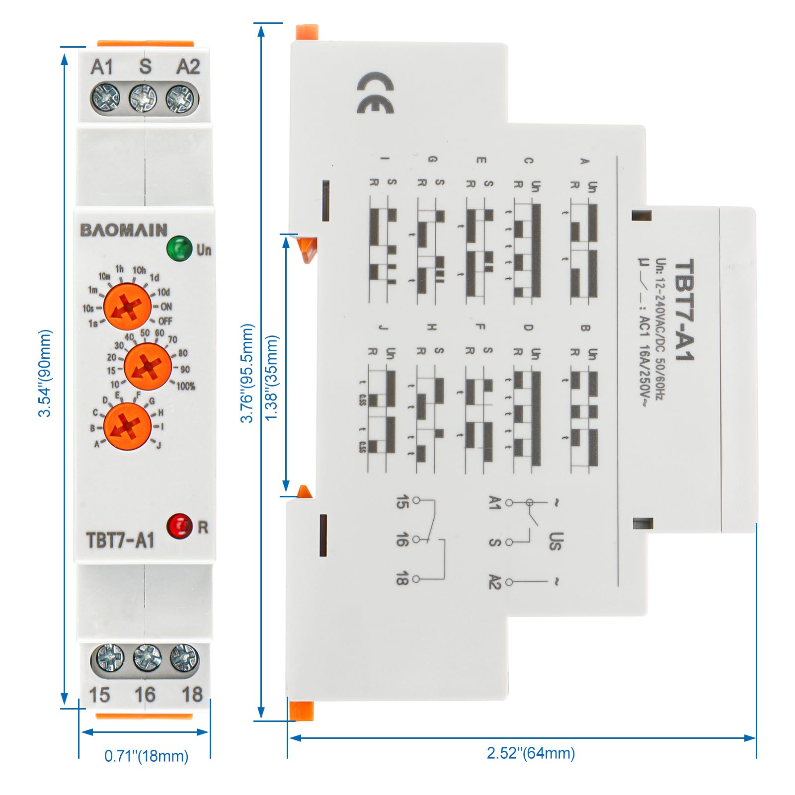 BAOMAIN Relé temporizador multifunción 12-240 VAC/DC 16 A 10 funciones, 1 SPDT, relé temporizador para montaje en carril DIN, TBT7-A1