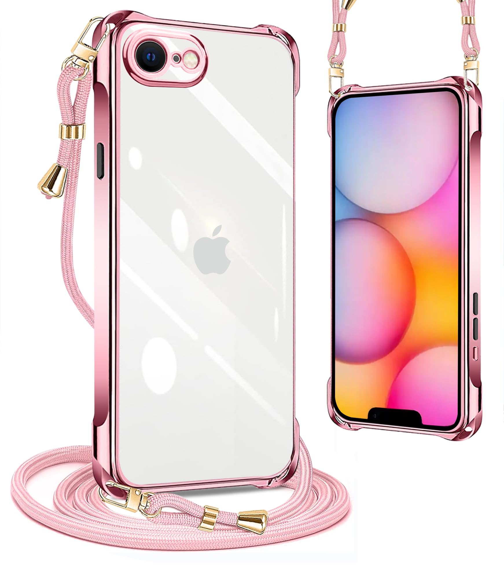 PAILAIMEN iPhone 17E/16E ケース クリア ネック ショルダー 第4世代 耐衝撃 ストラップ付き iPhone 17e スマホケース アイフォン17e/16e カバー 透明 TPU 薄型 軽量 スマホ シリコン カバー 紐付き 斜めがけ 織りストラップ付き 肩掛け 縦/横 2WAY 調節可能なショルダー クロスボディ 多目的キャリー ファッションデザイン(ローズゴールド)