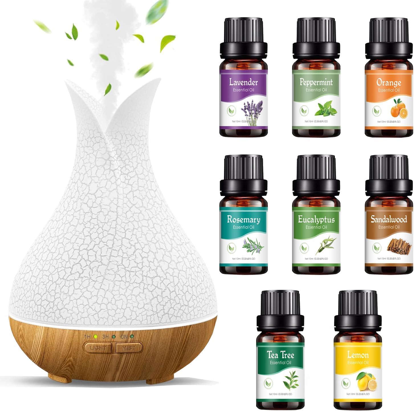 Diffusore di oli essenziali 400ml ambiente con Oli Essenziali 8x10ml set | ultrasuoni umidificatore diffusor aromi, senza BPA, diffusori oli essenziali con timer, 7 luce LED per home ufficio spa yoga