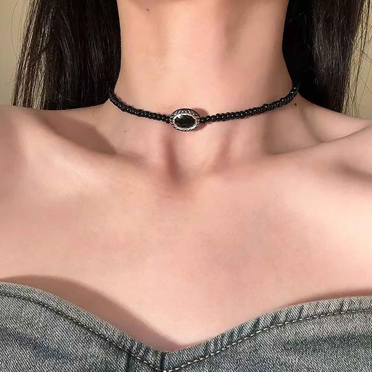 Boho Onyx Bead Choker Necklace Black Onyx Beads Necklace Vintage Oval Onyx Necklace Adjustable Beaded Strand Collar Necklace Jewelry for Women - Image 5