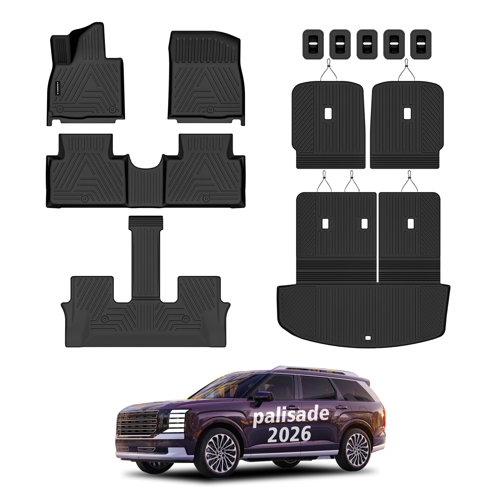 All Weather Car Floor Mats Cargo Liner with Backrest Mat for 2026 Palisade 7 Seater Only Fit Fuel