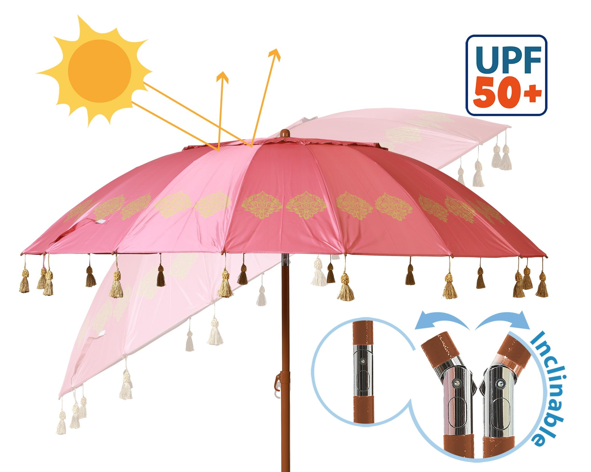 Atosa Strandschirm Ø 180 bis 240 cm aus Aluminium Orientalisches Modell mit Fransen mit LSF 50+, korallenrot, 240 cm, Sonnenblende
