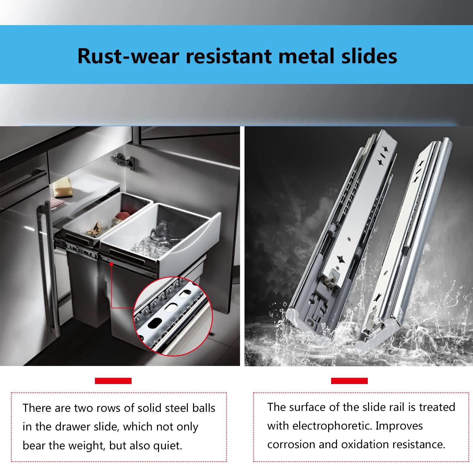 Corredores de cajón de cierre suave, rieles de extensión completa de metal resistente, rieles de cajón de gabinete de 450 mm, 1 par para un funcionamiento suave y silencioso