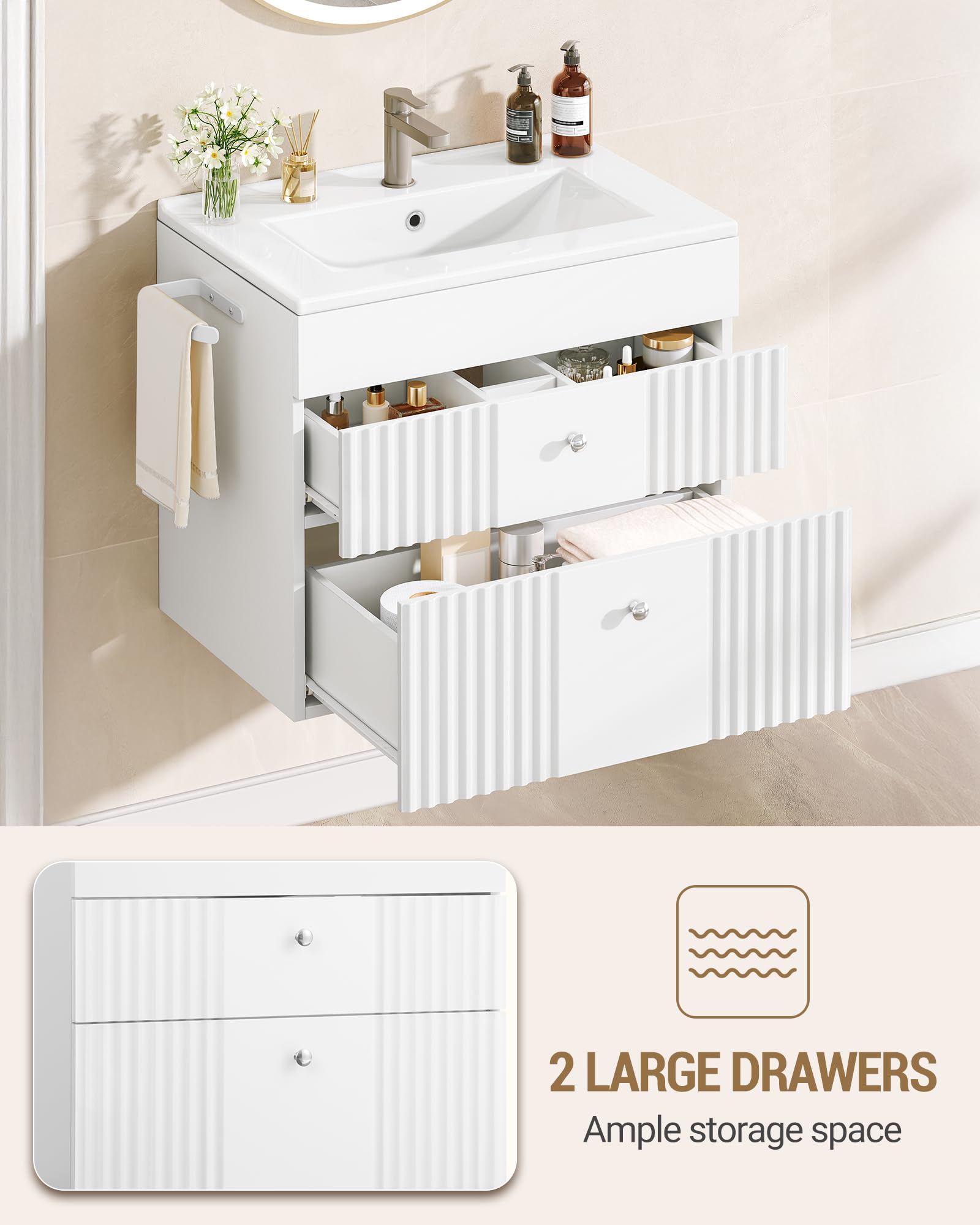 Hzuaneri Mueble de Baño Suspendido, con Lavabo Integrado, Armario de Baño con 2 Cajones, Toallero, Gran Capacidad de Almacenamiento, Moderno, 40 x 60 x 50 cm, Blanco BC64103X