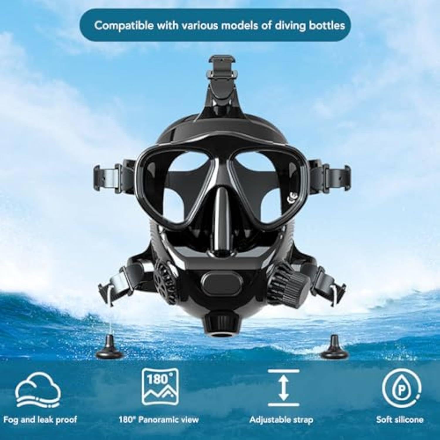 Maschera da snorkeling con supporto per fotocamera, maschera subacquea integrale per adulti, vista panoramica a 180°, anti-appannamento, a prova di perdite, attrezzatura da snorkeling