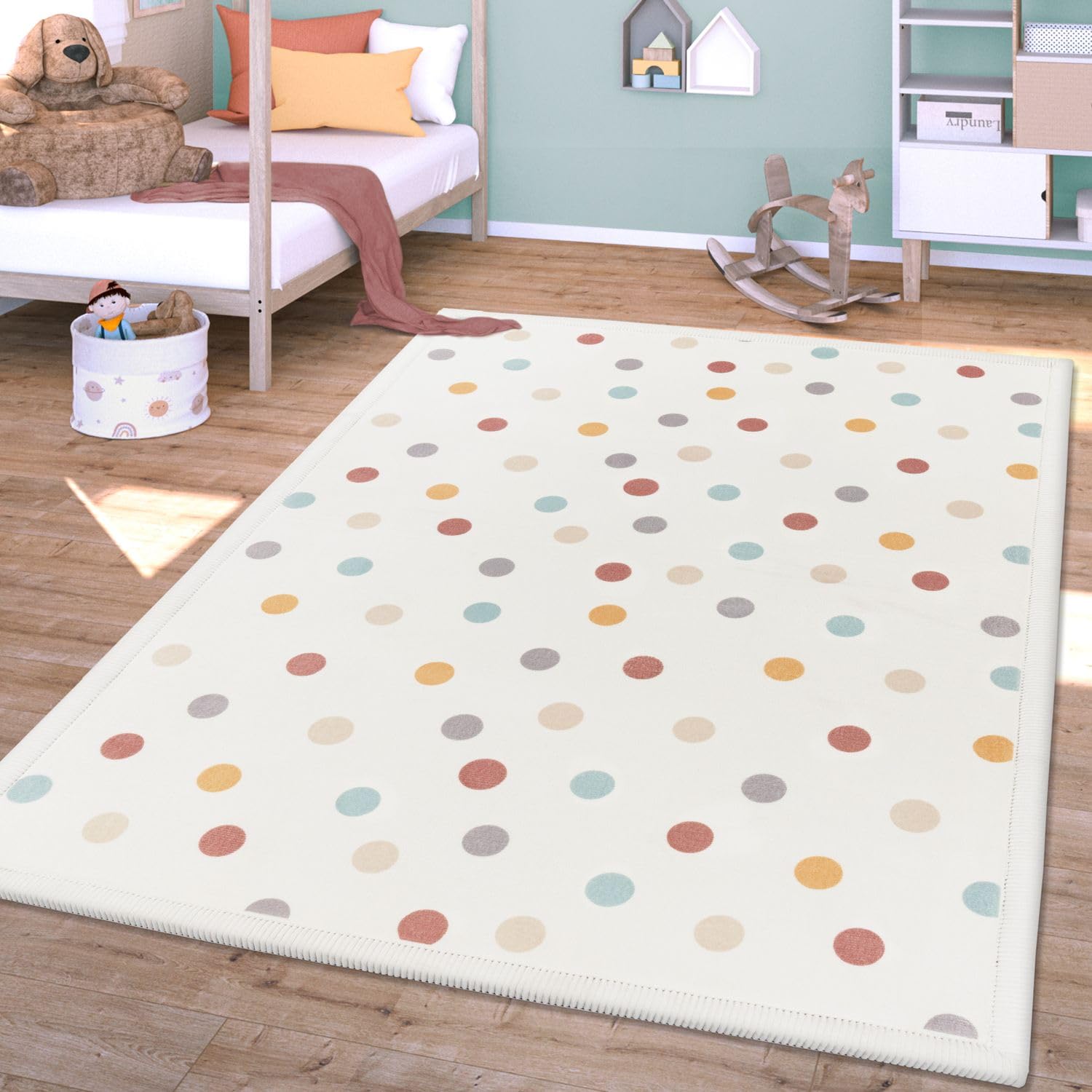 TT Home Waschbarer Teppich Krabbelmatte Babyzimmer Kinder rutschfest Flauschig Punkte, Farbe:Blau Gelb Creme, Größe:200x280 cm