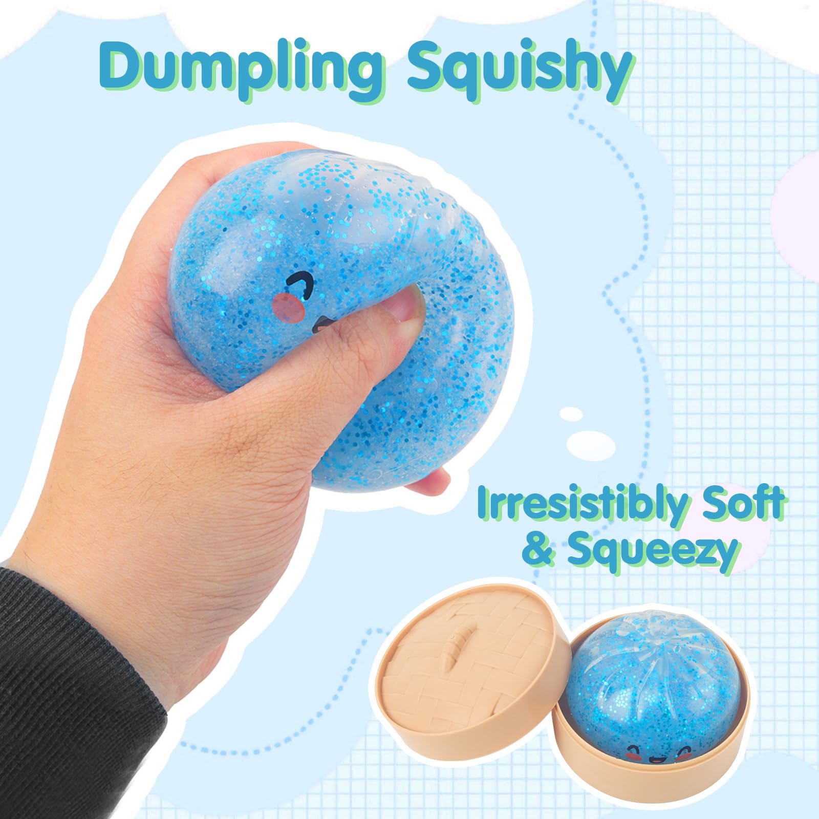 Glitter Dumpling Squishy with Steamer, Squishy Dumplings Sensory Fidget Toy, Squeeze Toys for Relaxation, Light Blue, 9 x 9 cm - Image 3