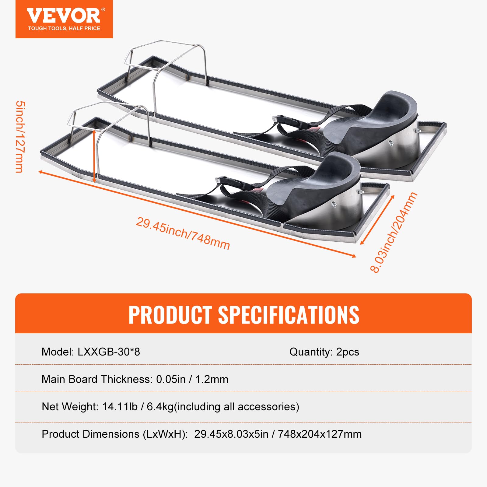VEVOR Genouillères en béton, 75 x 20 cm, planches à genoux en acier inoxydable, poussoir à béton, paire de poussoirs mobiles, genouillères en béton et sangles pour planches pour le traitement du béton