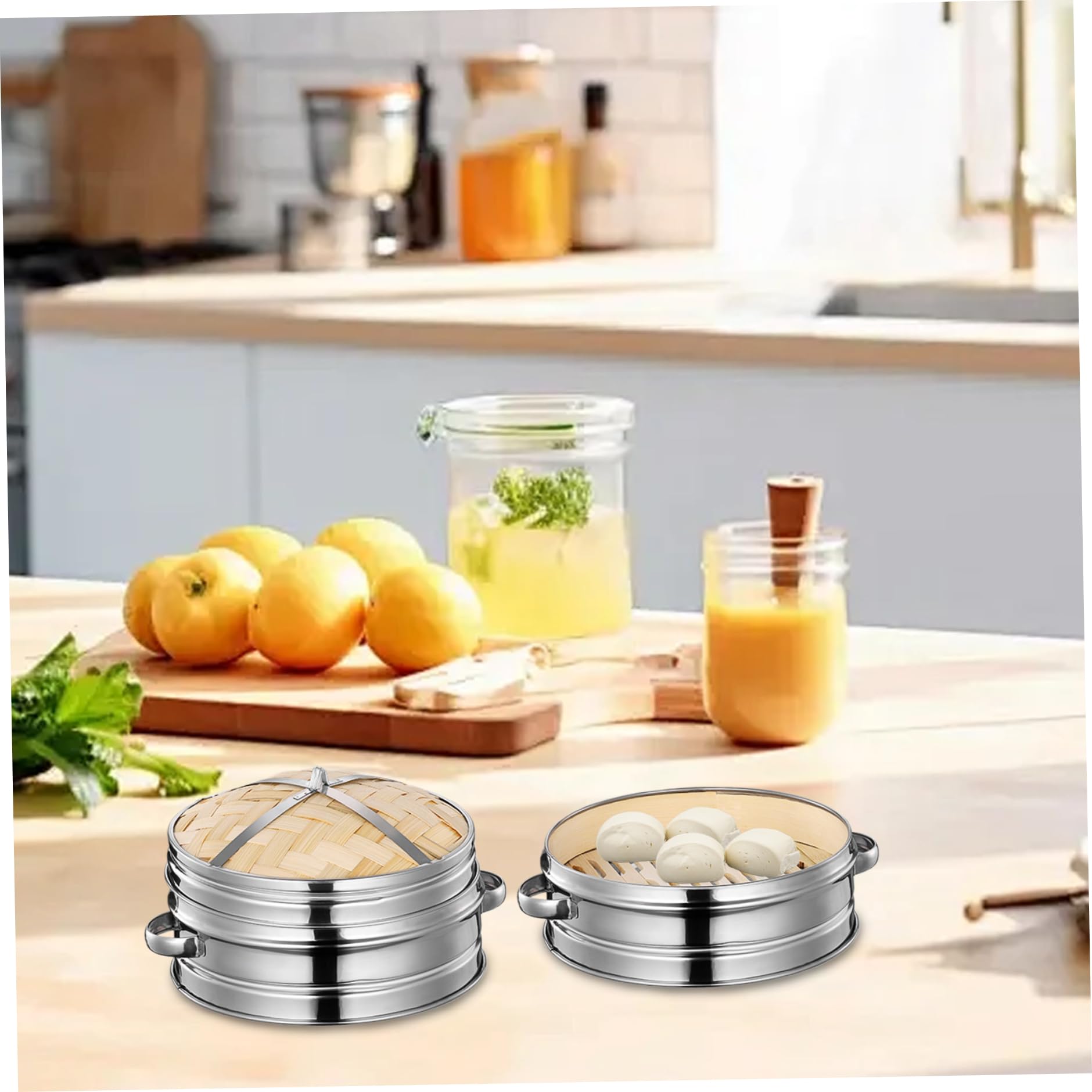Vaporiera in bambù Cestino in bambù a 2 livelli da 7, 9 pollici con coperchio e manico per gnocchi, dim sum, panini e verdure per la cottura a vapore cucina