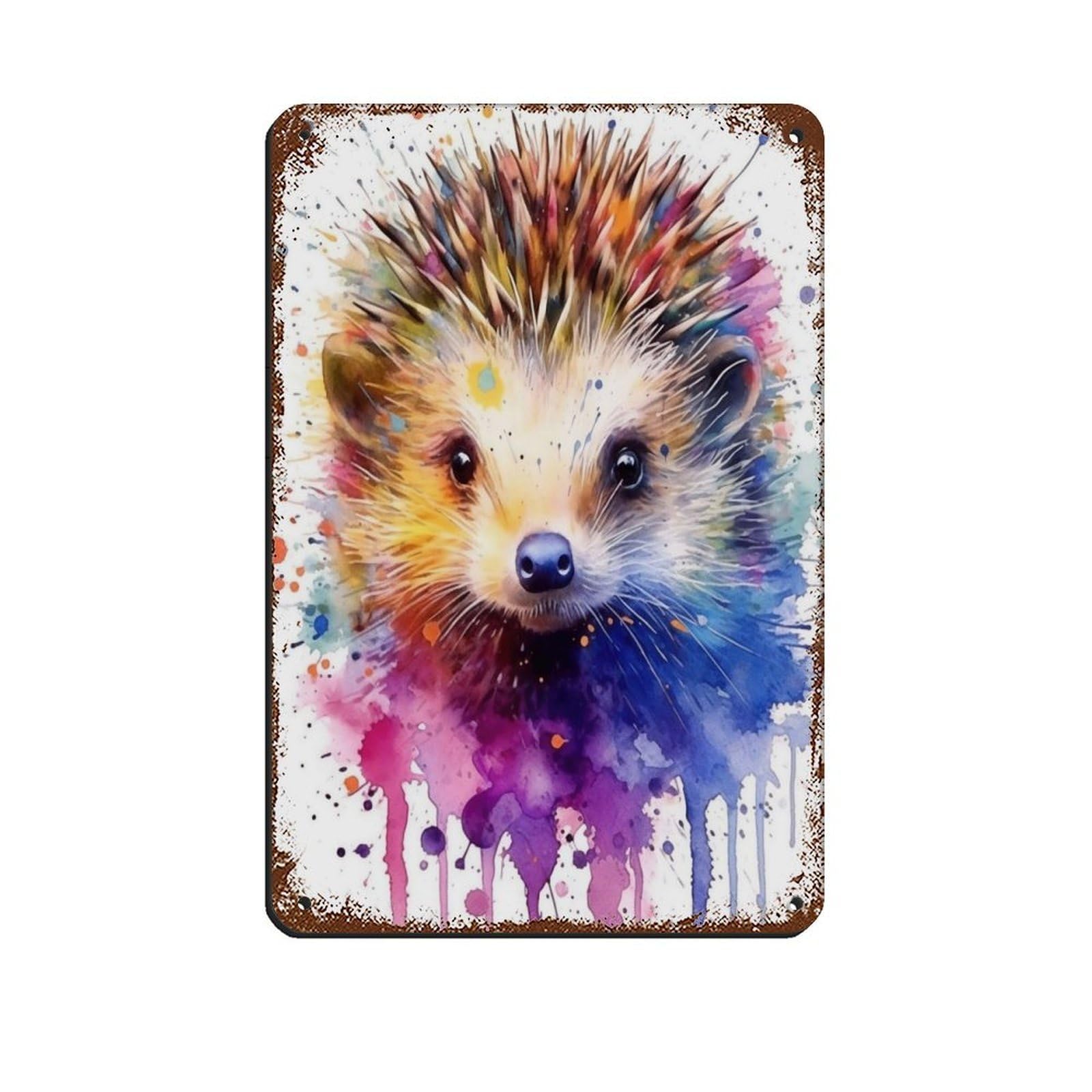 Watercolour Hedgehog Portrait Poster Tin Sign Vintage Metal Pub Club Cafe Bar Home Wall Art Decoration Poster Retro 8x12inch(20x30cm)