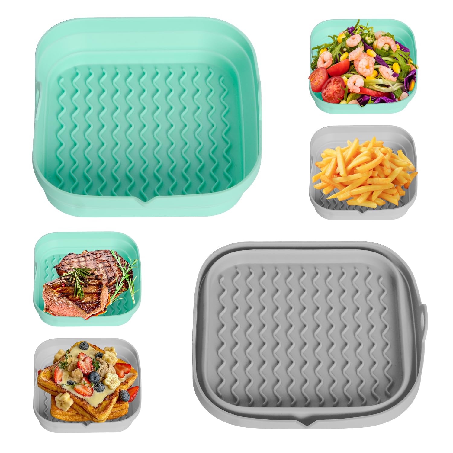 KUILONGT 7.7 Inch Silicone Air Fryer Liners Square 2 Pack, Reusable Collapsible Dishwasher Safe Stackable Basket for Air Fryers (One Gray and One Green)