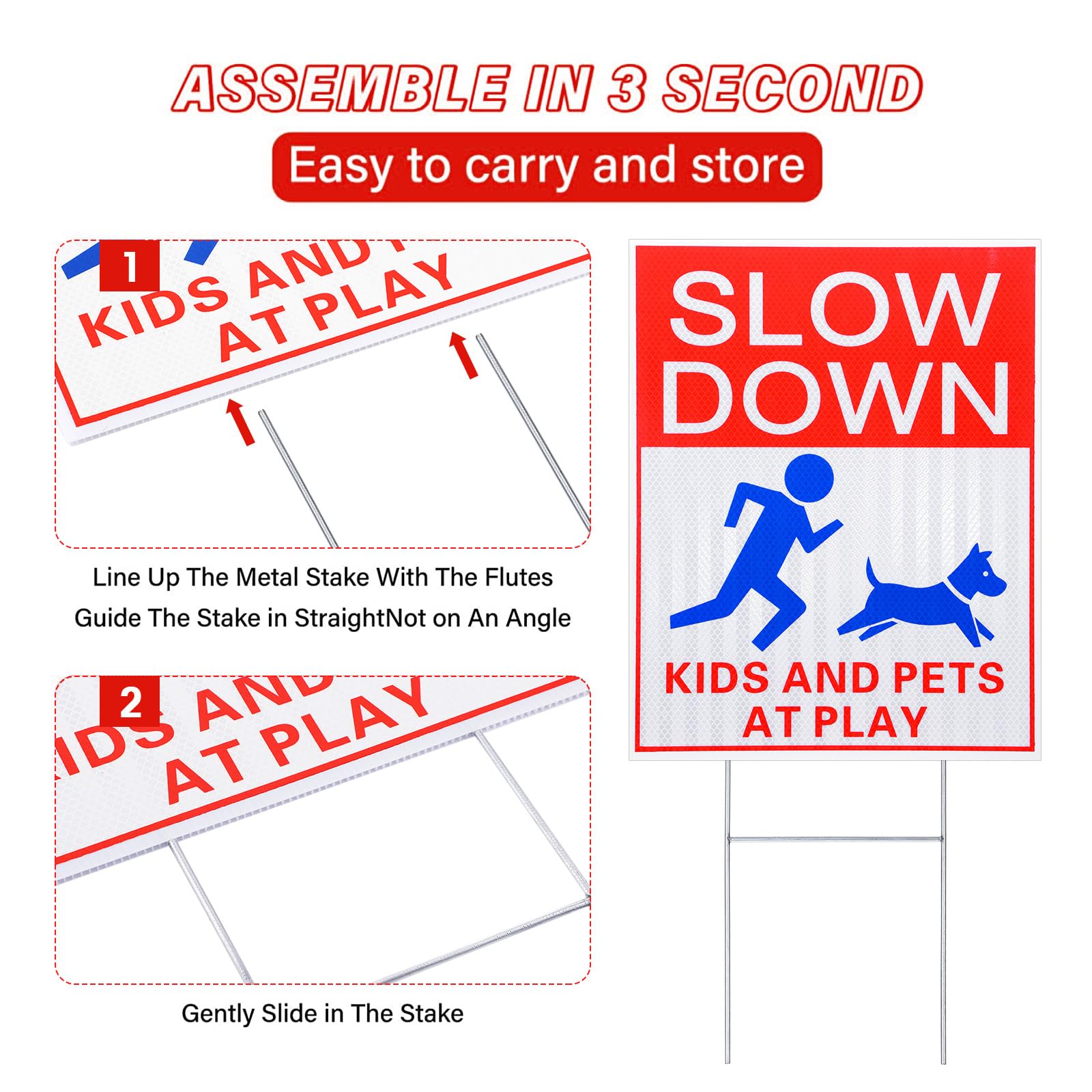 Fumete 6 letreros reflectantes de seguridad para niños y mascotas en juego, con estaca de metal, 15 x 12 pulgadas, doble cara, advertencia de precaución para el césped de la calle, vecindarios, niños