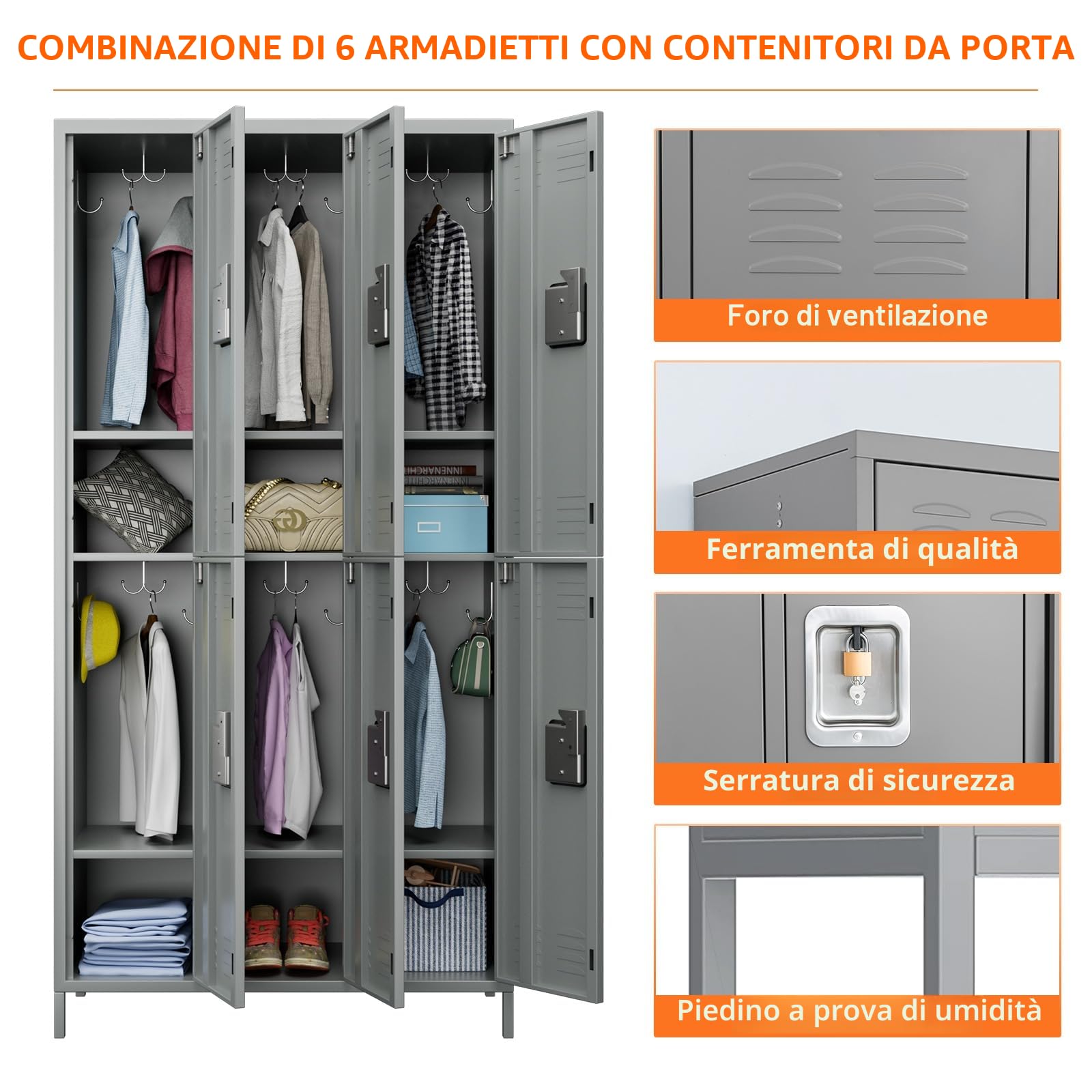 Armadietto in metallo con 6 scomparti, armadietto in acciaio con prese d'aria e ganci per abiti, armadietto con serrature pulverizzato per spogliatoio, ufficio, palestra e centro fitness, 183