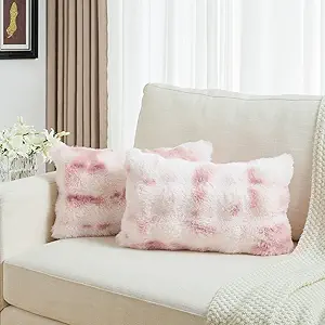 FUTEI Pink White Decorative Throw Pillow Covers 12x20 Inch Set of 2,Soft Fuzzy Faux Rabbit Fur Pillow Case with Raised Texture,Neutral Boho Home Decor for Couch Bed Living Room