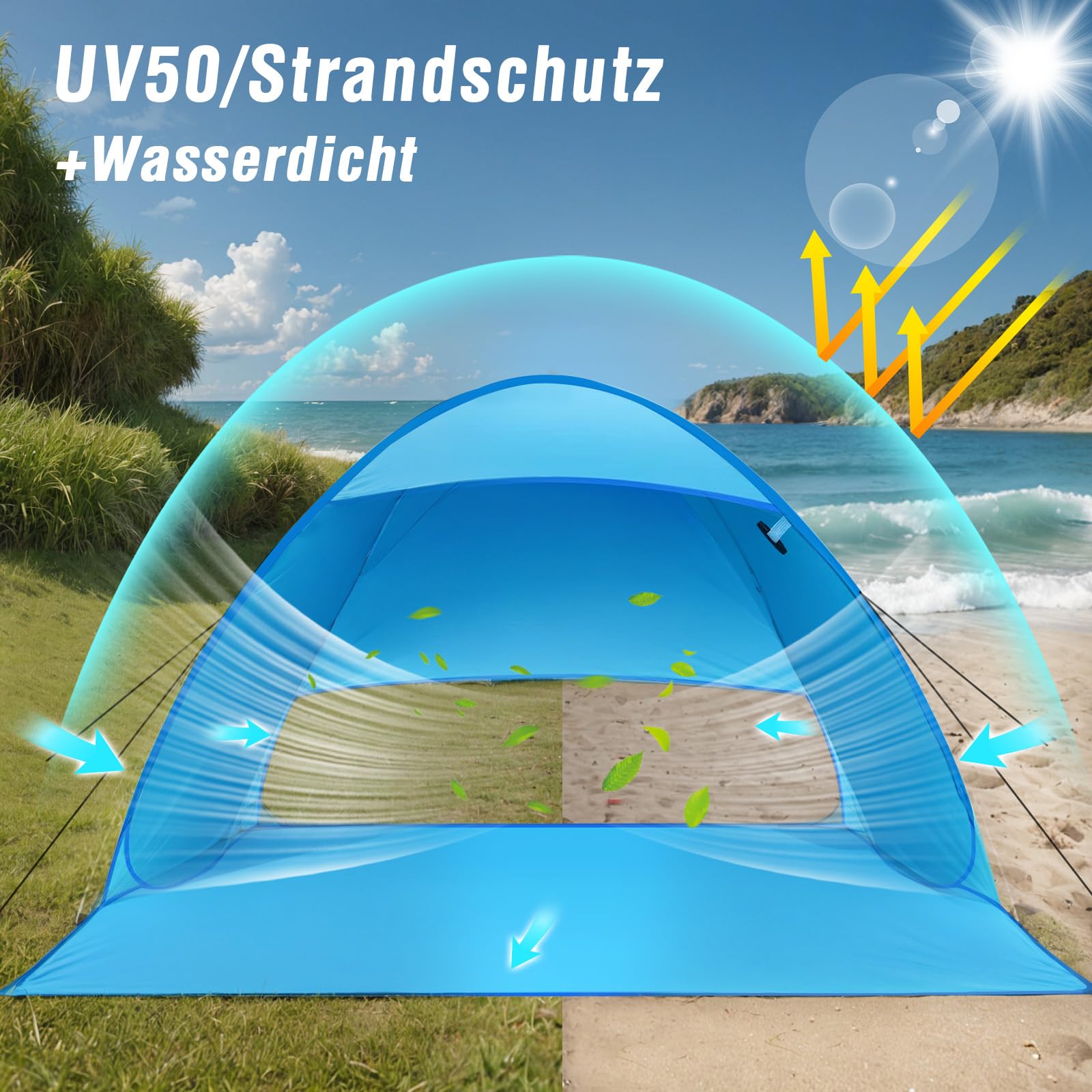 Karvipark Strandmuschel, Tragbar Extra Light Strandzelt, Sun Shelter für 2-3 Personen, Einschließlich Tragetasche und Zeltpflöcke, UV-Schutz, Beach Zelt für Familie, Strand, Garten, Camping Sport & Freizeit