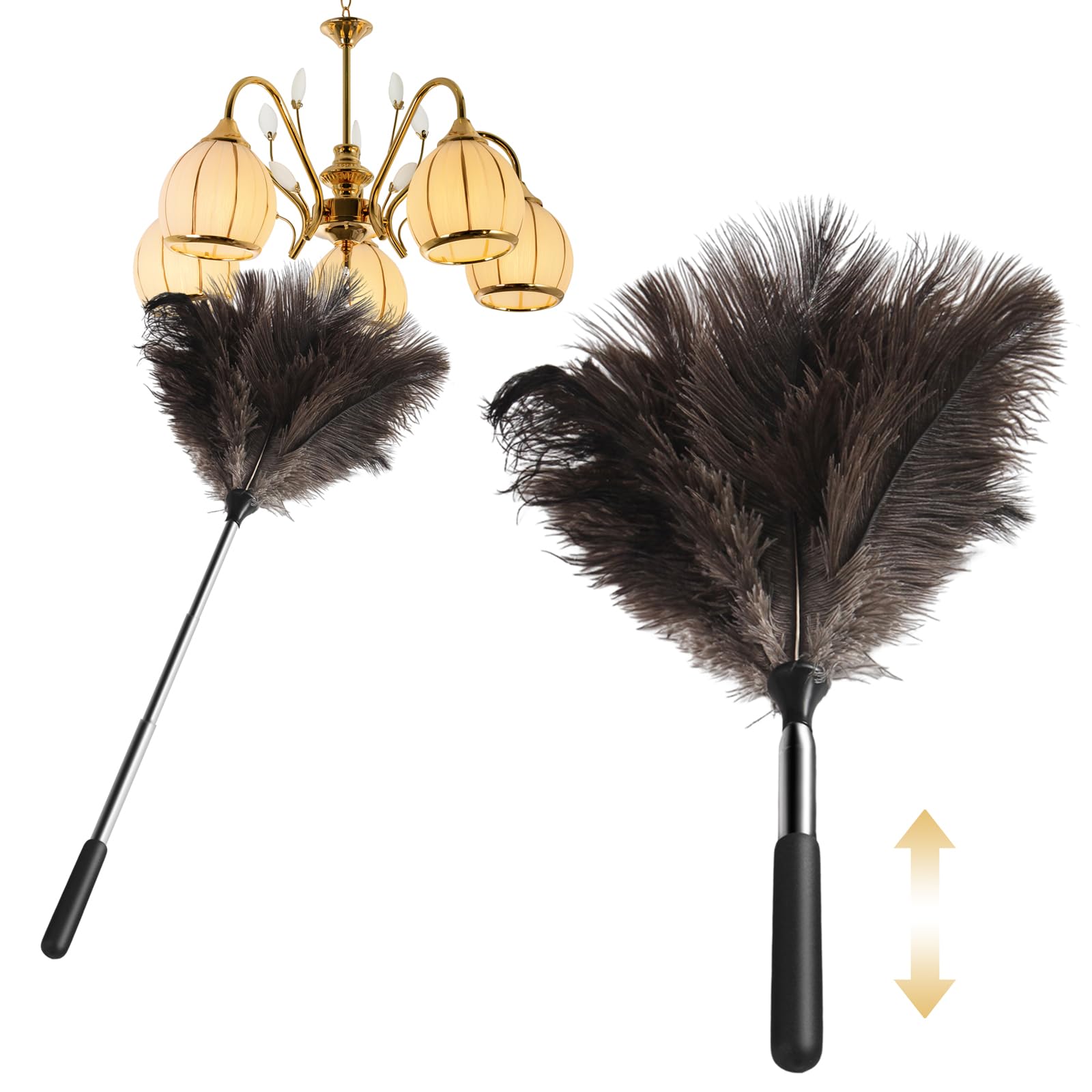 Rfytdcf Brown Ostrich Feather Duster, 115Cm Extendable Feather Duster Long Handle Dust Removal Tool For High Ceilings Lights Cupboards Home Car Office