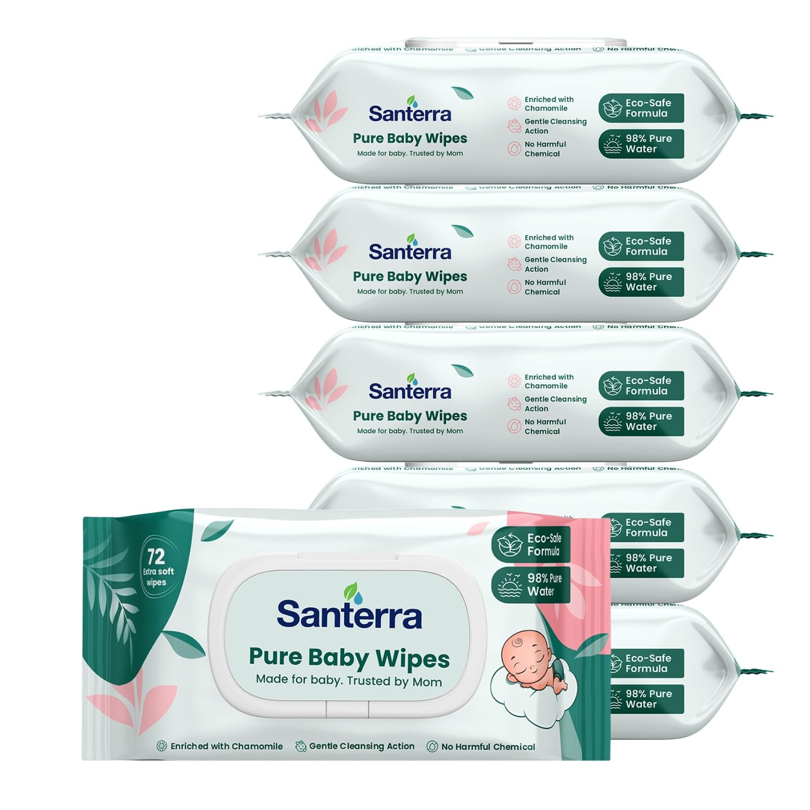 Pure & Soft Baby Wipes Specially For Delicate Baby Skincare | Enriched with Chamomile Goodness of Aloe Vera & Vitamin-E keep Skin Soft, Fresh & Nourished | 432 Wipes, Pack-6, 72 Wipes Each-image-44