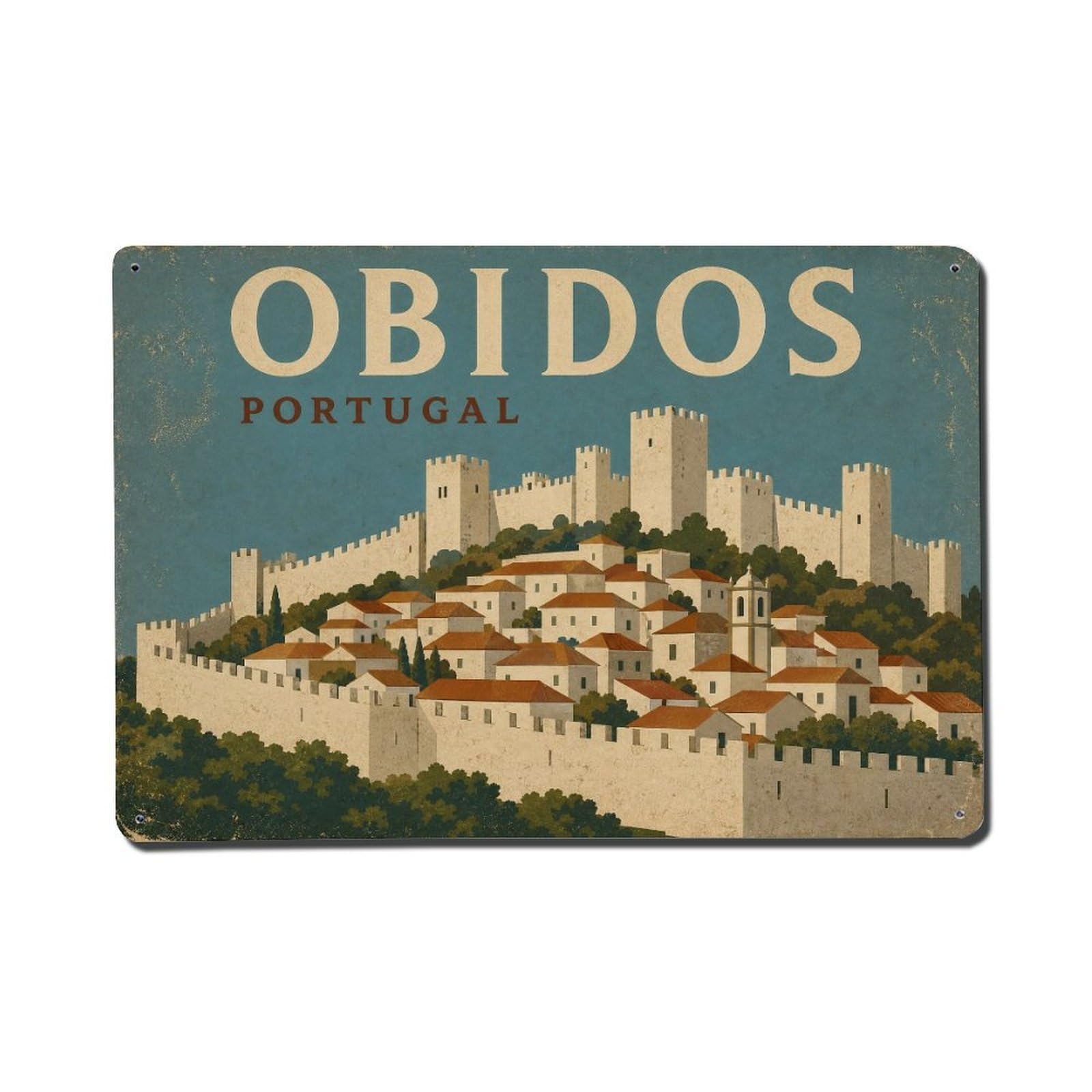 Vintage Travel Portugal Obidos Metal Tin Sign Plaque Wall Decor for Cafe, Club Bar, Office, Garden Metal Poster 8x12Inch